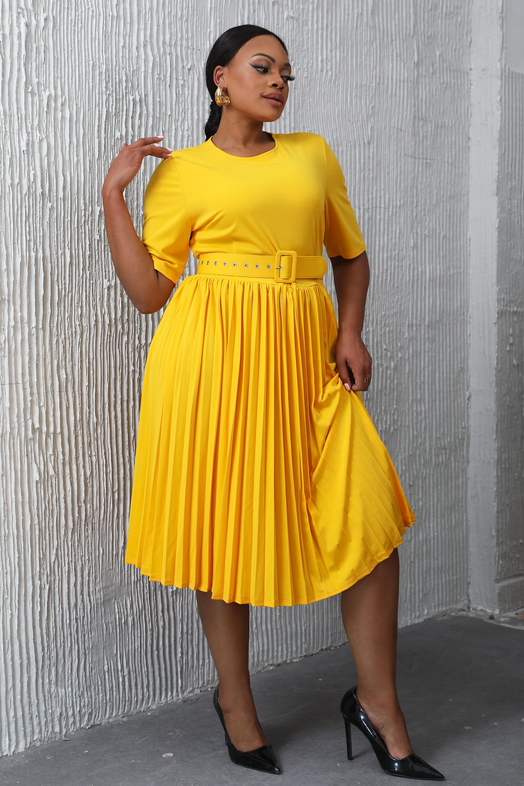 VERWIN Plus Size Short Sleeve A-Line Dress for Women - Round Neck Midi Dress with Belt & Pleated Design | Perfect for Office, Date Night & Summer Outfits