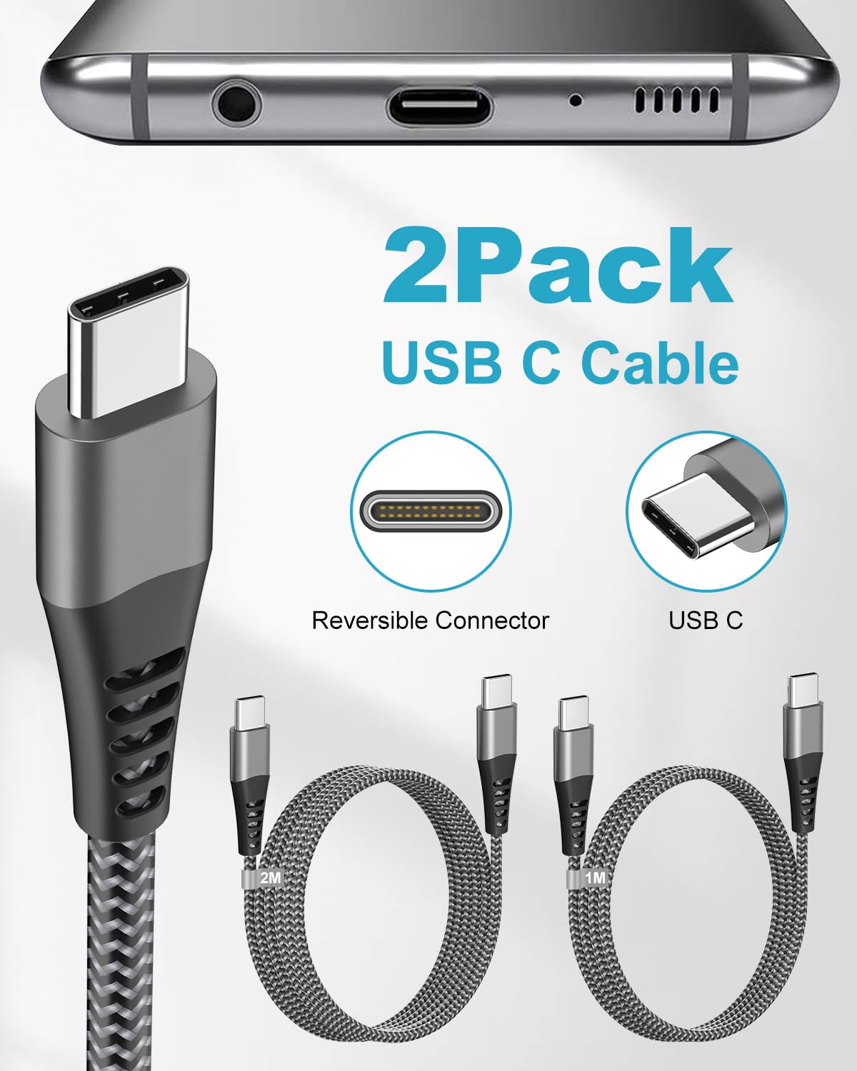 Fast Charging USB C to C Cable 60W PD [1M+2M] for iPhone 15/16 Pro Max/Plus & Galaxy S24 Ultra/S24+/S23 - Perfect for Home, Office & Travel Charging