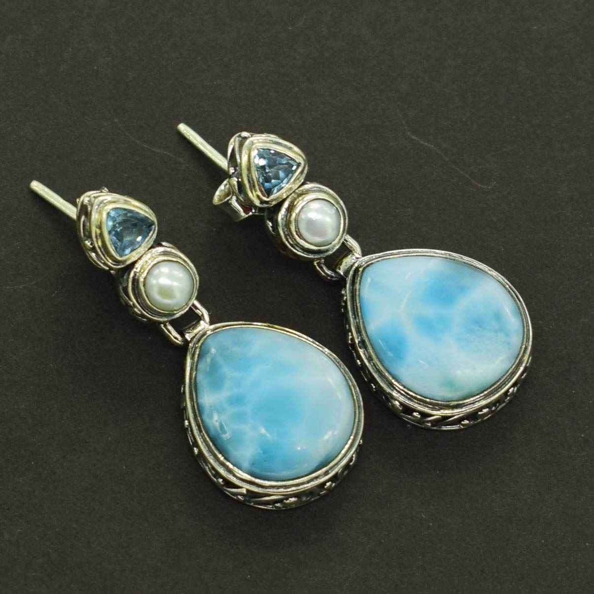 Larimar & Blue Topaz Pearl Teardrop Earrings - Sterling Silver Filigree Irish Celtic Drop Earrings for Women | Elegant Jewelry Gift for Weddings, Parties & Special Occasions