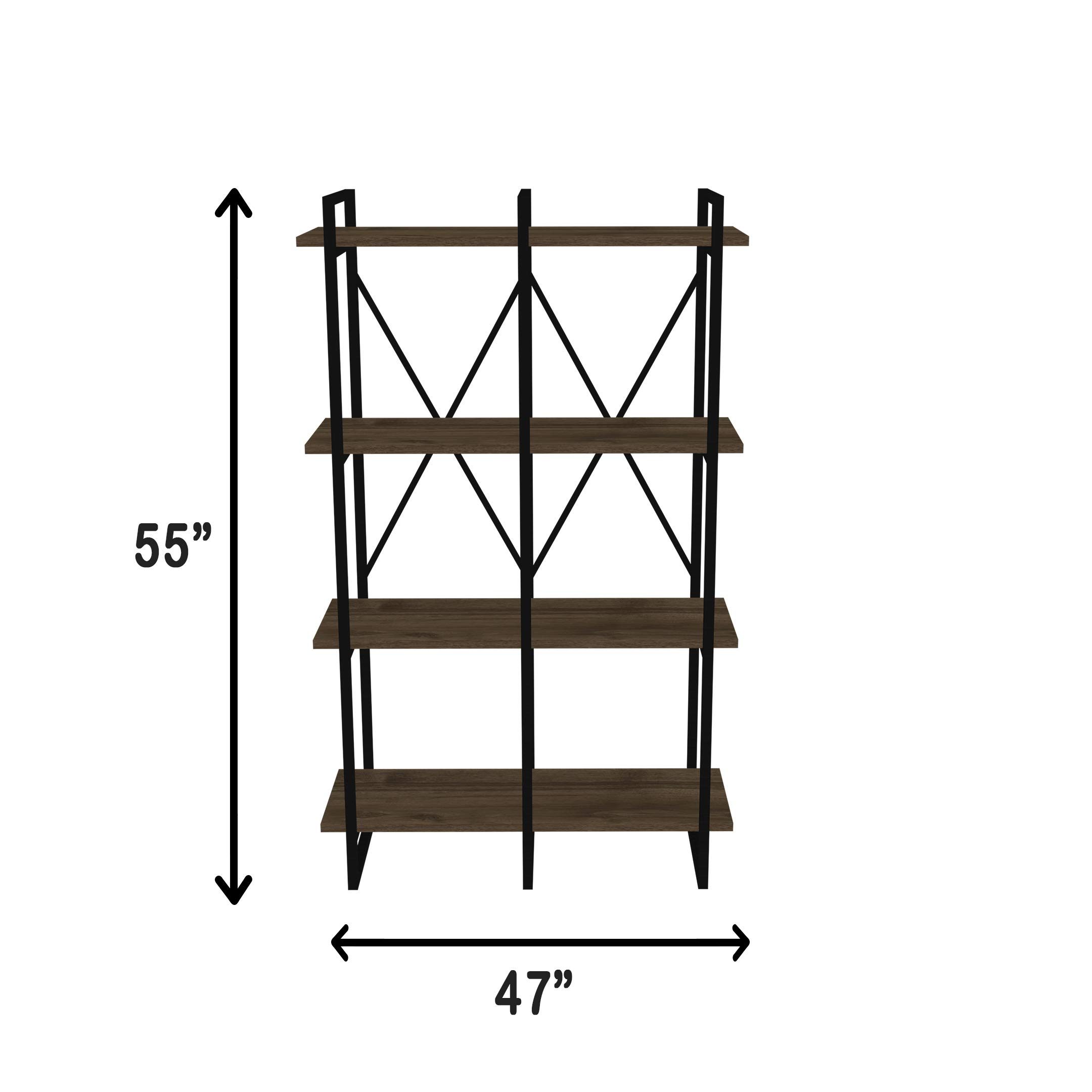 Modern Oak Bookcase - 55.11''H x 47.24''W x 13.38''D 4-Shelf Storage Bookshelf for Bedroom, Living Room & Office - Solid Wood Library Organizer with Anthracite Black Finish - Space-Saving Furniture for Home Decor