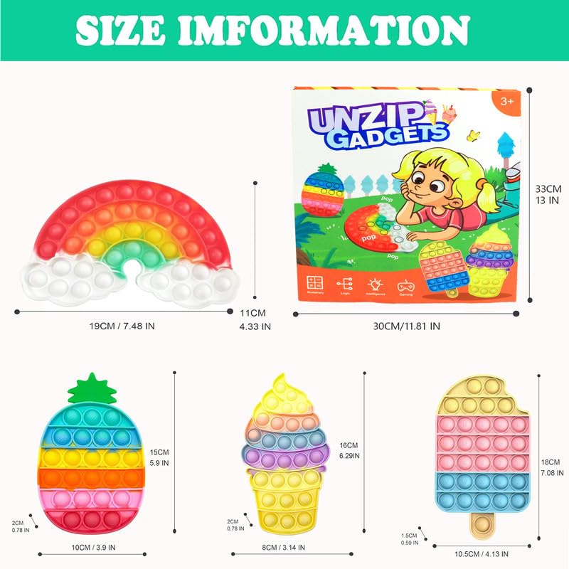 4 Pack Rainbow Push Bubble Fidget Sensory Toys for Kids - Ice Cream & Pineapple Squeeze Stress Relief Toys for ADHD, Autism, Anxiety - Perfect for Classroom, Travel & Calming Gifts for Girls & Boys