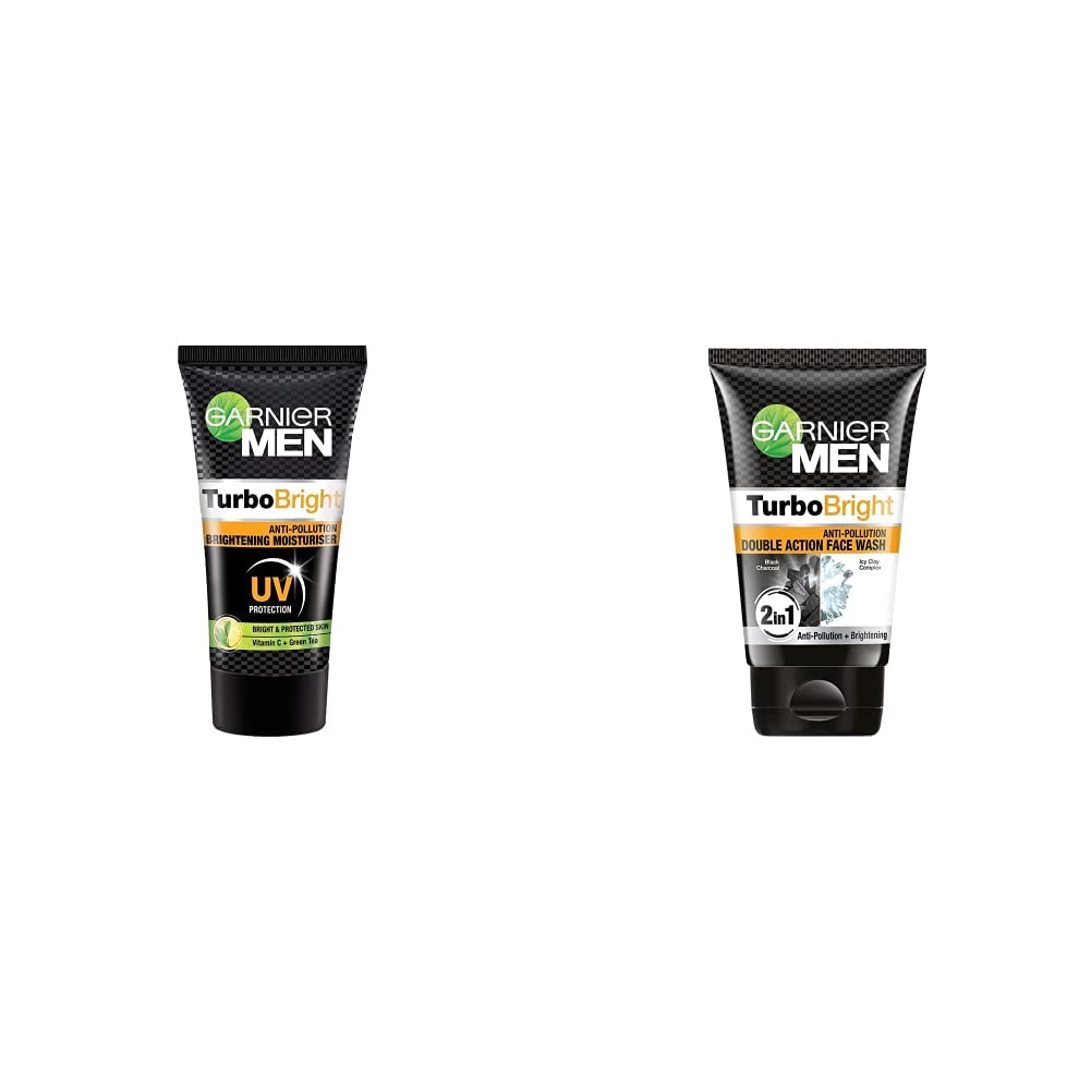 Garnier Men Power White Anti-Pollution Brightening Moisturizer 40g & TurboBright Double Action Face Wash 100g - Brightening & Anti-Pollution Skincare Set for Men - Perfect for Daily Use & Travel Skincare Routine