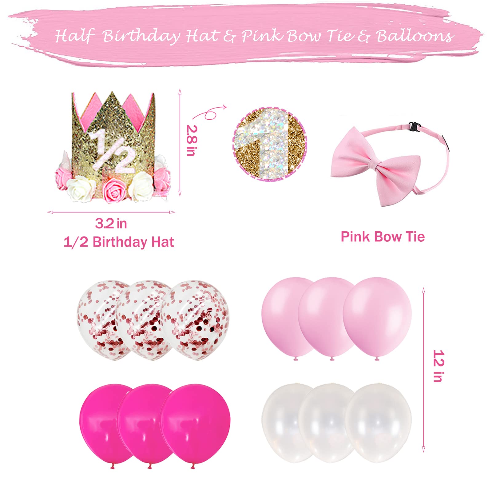 Pink Rose Gold Glitter Half Birthday Banner & Triangle Flag Decorations for Baby Girl - 6 Months & 12 Months Birthday Party Supplies, Includes Birthday Hat - Perfect for First Half Birthday Celebrations, Photo Backdrops & Milestone Parties