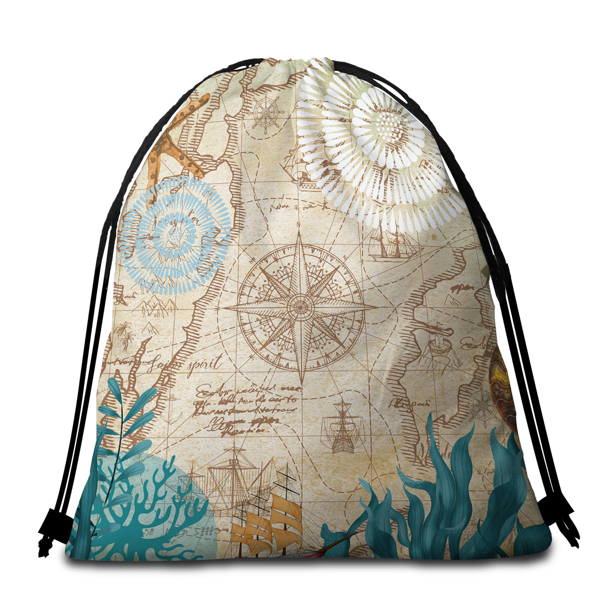 Nautical Chart Round Beach Towel - Waterproof Sandproof Quick Dry - Perfect for Beach, Pool, Picnic & Outdoor Activities