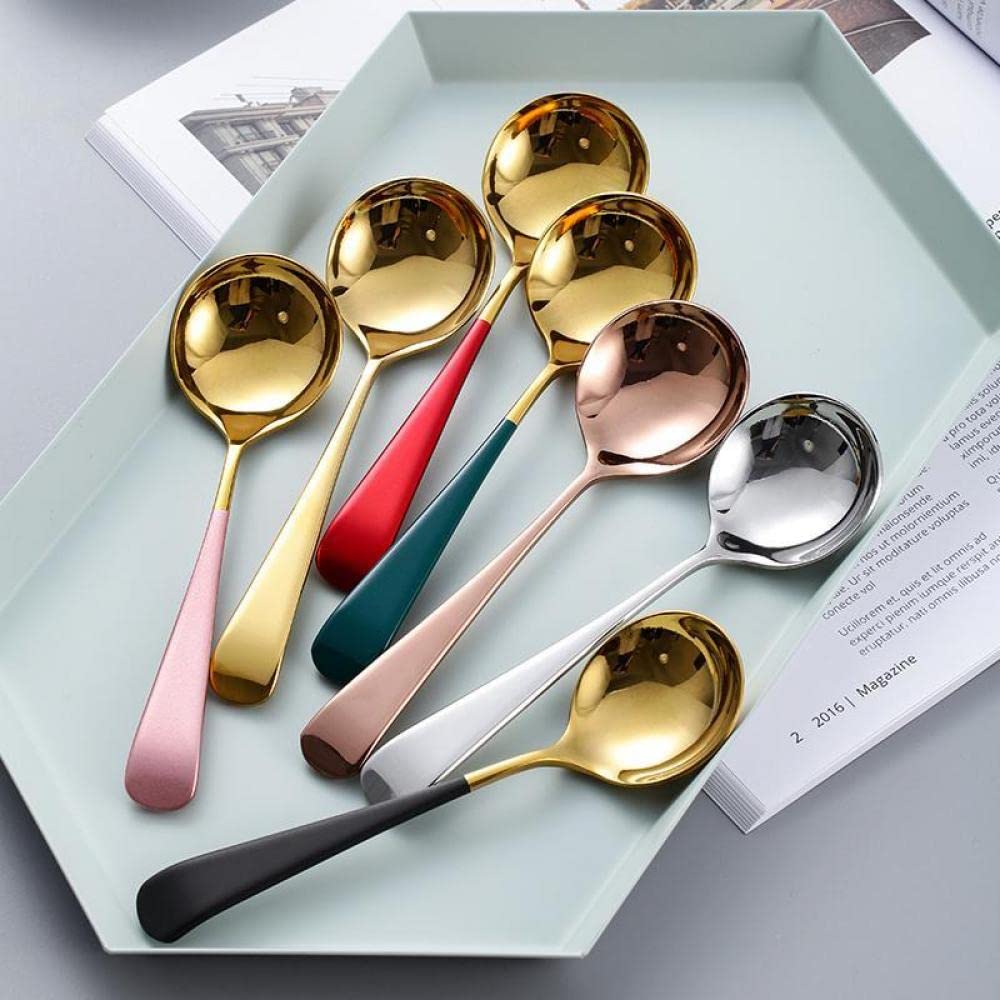 Leeonz 5-Pack Round Colorful Handle 304 Stainless Steel Soup Spoons - Elegant Dinner Spoons for Rice, Dessert & Coffee, Durable Kitchen & Tableware for Home, Restaurant & Cafe Use