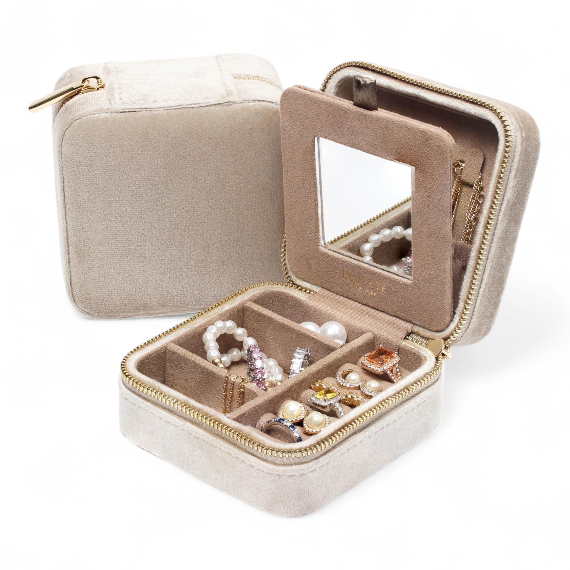 BLUETTE Velvet Travel Jewelry Organizer Box with Mirror - Portable Ring Earrings Necklace Storage Case for Women (Champagne) | Perfect for Vacation, Business Trips & Daily Use