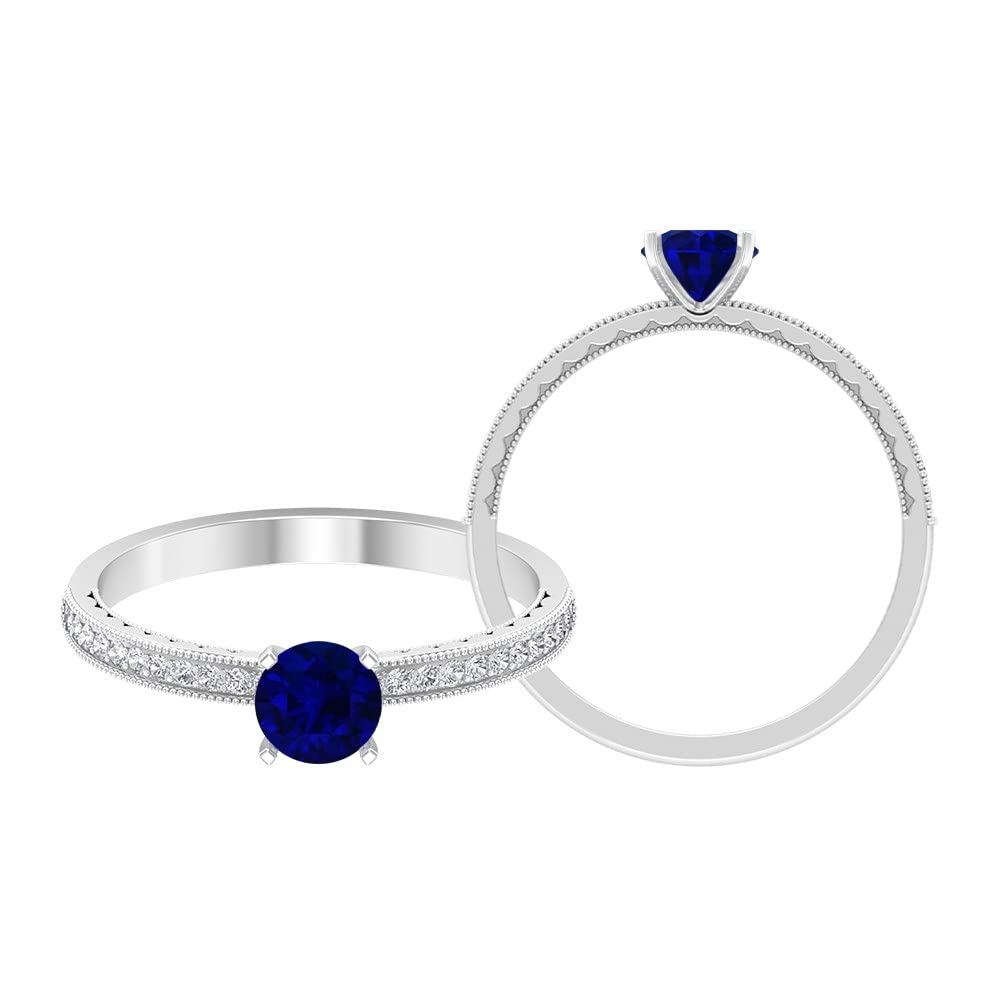 3/4 CT Natural Blue Sapphire and Diamond Ring - 14K Solid Gold Milgrain Band, 5mm Solitaire Engagement Ring for Women, Perfect for Anniversary, Wedding & Special Occasions