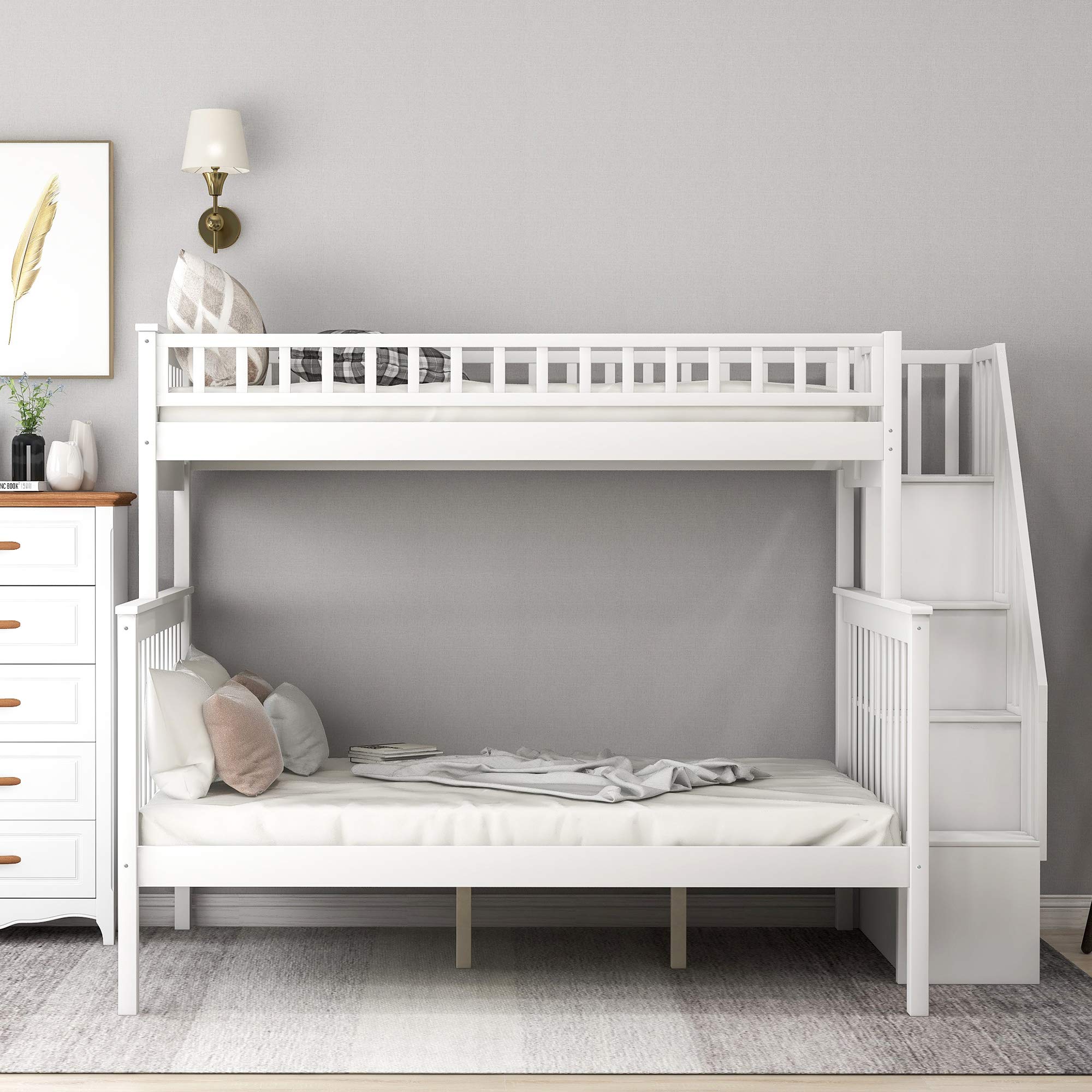 Twin Over Full Bunk Bed Frame for Kids - Solid Wood Bunk Beds with Storage Drawers, Safety Guard Rails & Staircase - White | Space-Saving Bedroom Solution for Siblings or Sleepovers