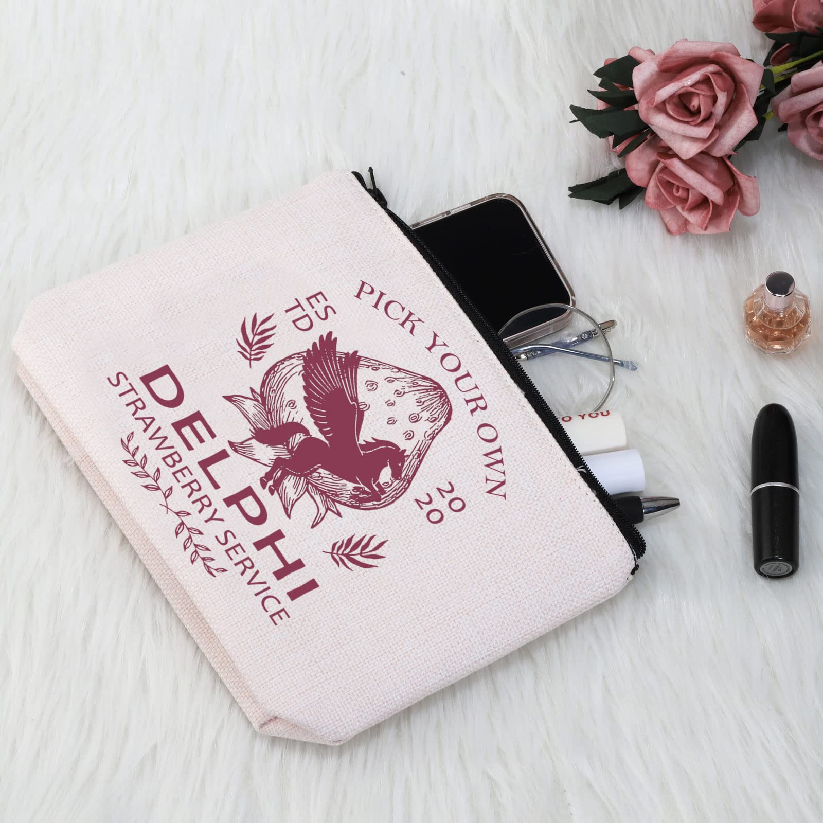 G2TUP Percy Jackson Fan Gift - Delphi Strawberry Service Makeup Bag with Pegasus & Zeus Greek Mythology Design | PJO Fan Gift for Book Lovers & Horror Novel Enthusiasts (White Bag) - Perfect for Cosplay, Book Club Meetings & Mythology Themed Parties
