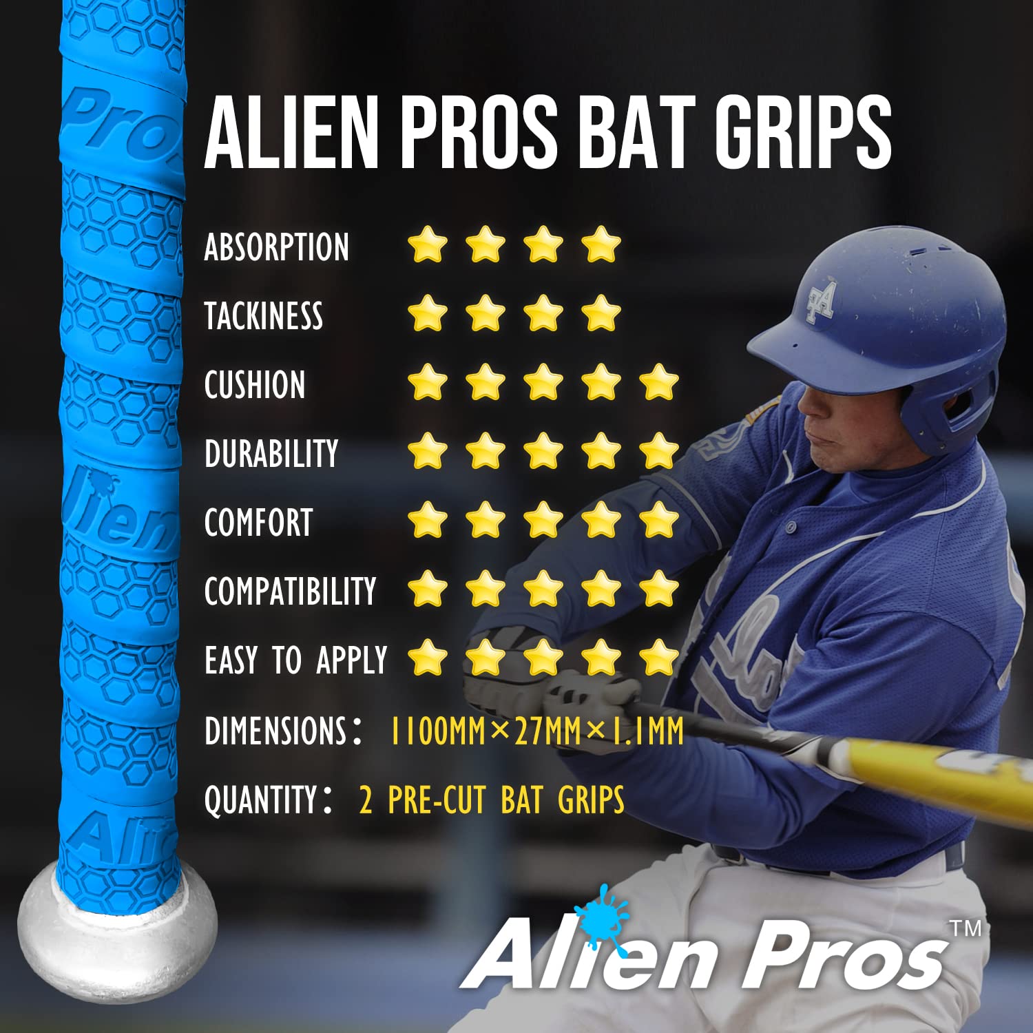 ALIEN PROS Baseball Bat Grip Tape - 1.1mm Precut Pro Feel Batting Tape (2 or 4 Grips) - Replacement for Old Baseball Bat Handle - Improve Swing Control for Home Runs - Perfect for Little League, High School & Professional Players