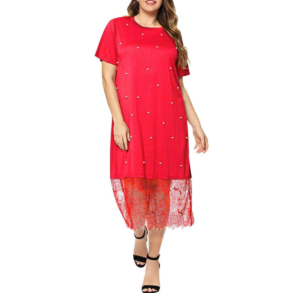 Women's Plus Size Casual Summer Dress - Floral Print Lace Short Sleeve O-Neck Tunic | Perfect for Beach Vacation, Date Night & Outdoor Parties | by Limsea