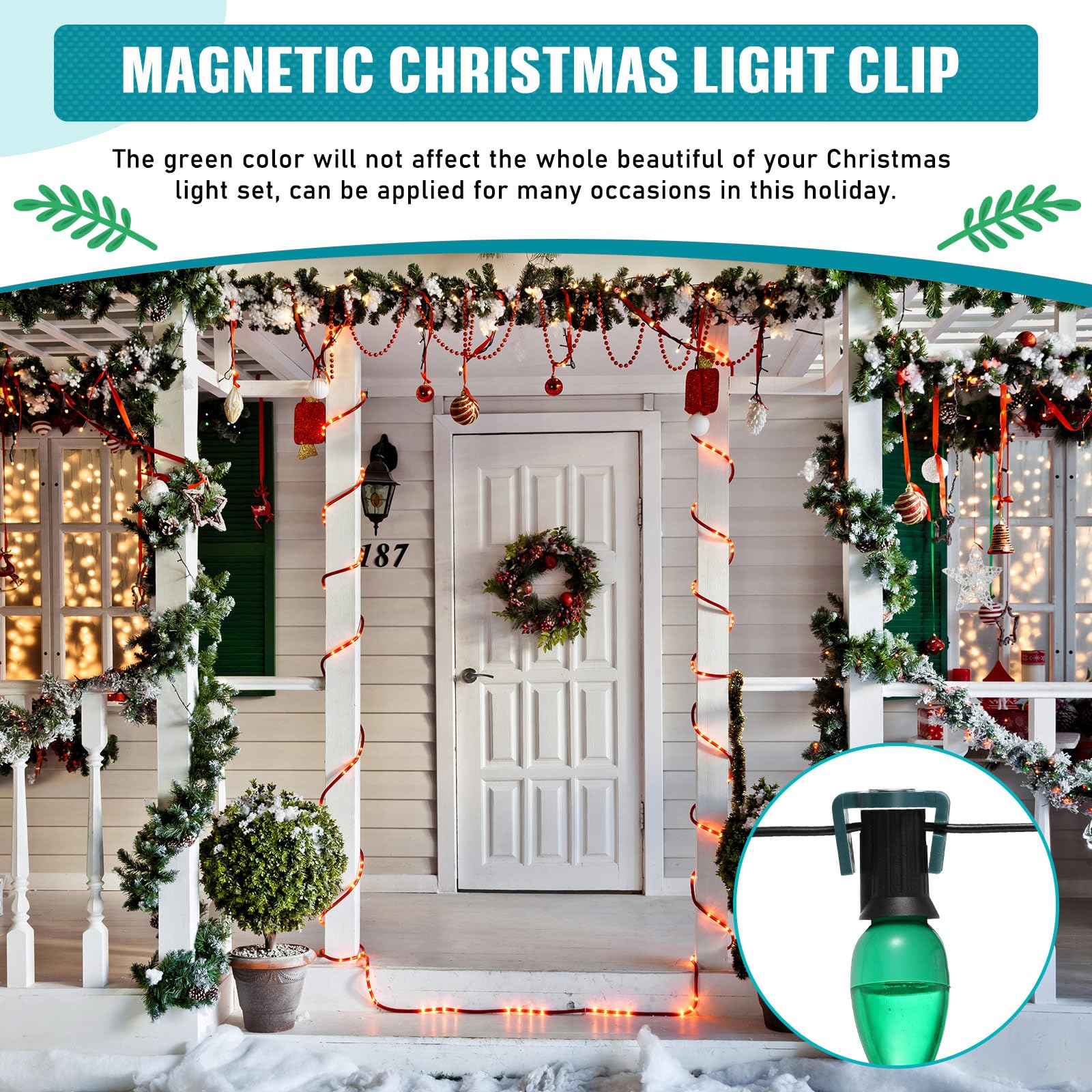 Frienda 100-Piece Magnetic C9 Socket Clips - Green Square Christmas Light Clips for Outdoor Patio Lighting | Perfect for Holiday Decorations, Roof Edge & Gutter Installation