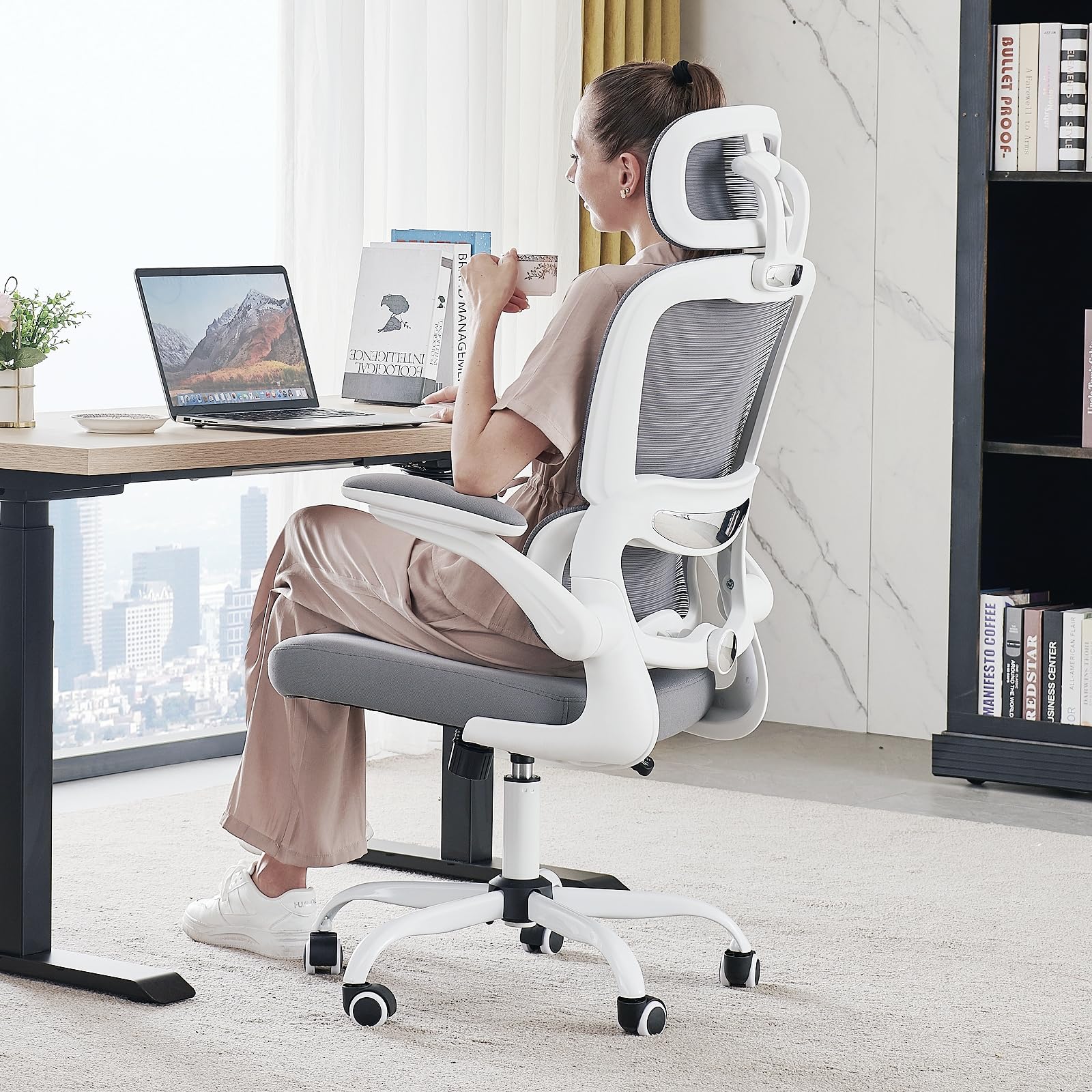 Ergonomic Office Chair with High Back & Mesh - 330 LBS Weight Capacity, Rolling Wheels for Home & Gaming - Comfortable Desk Chair for Long Hours Work (White) - Perfect for Home Office, Gaming Setup & Workspaces