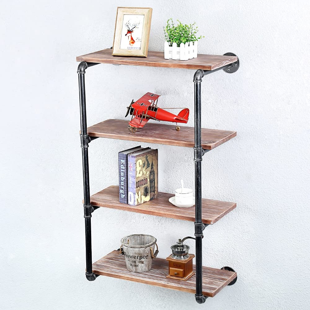 Industrial Pipe Floating Shelves with Wood Shelf - 4 Tier 24 Inch Wall Mounted Metal Shelving for Books & Decor | Perfect for Living Room, Bedroom & Office Storage