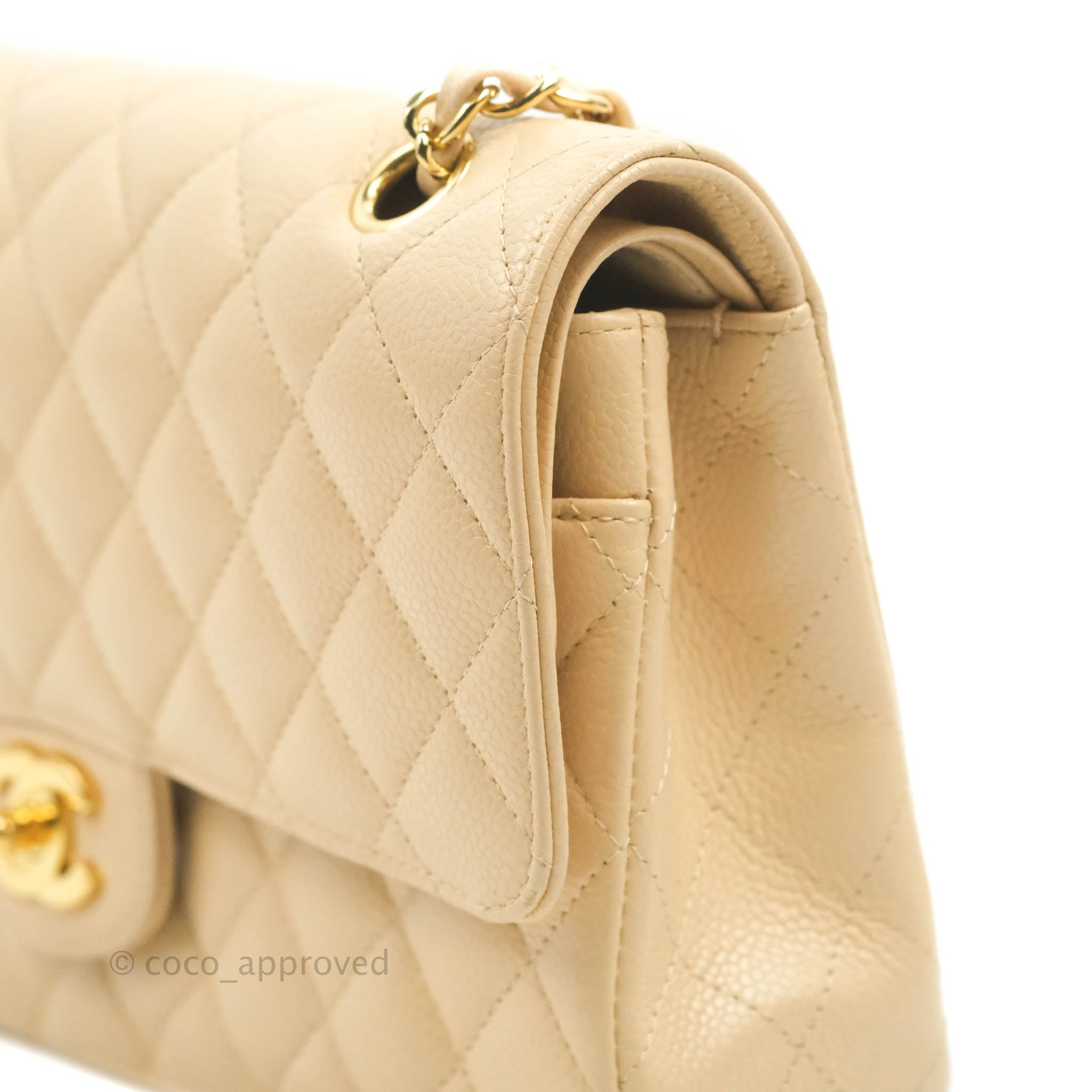 Chanel Classic M/L Medium Flap Bag - Quilted Beige Caviar Leather with Gold Hardware | Luxury Shoulder Bag for Women, Perfect for Work, Parties & Special Occasions