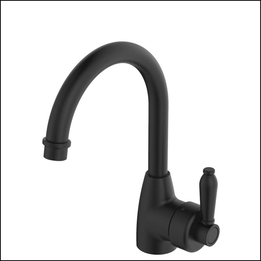 Fienza Eleanor 202104BL Matte Black Gooseneck Kitchen Faucet with Ergonomic Handle - Perfect for Modern Farmhouse, Industrial & Contemporary Kitchen Designs
