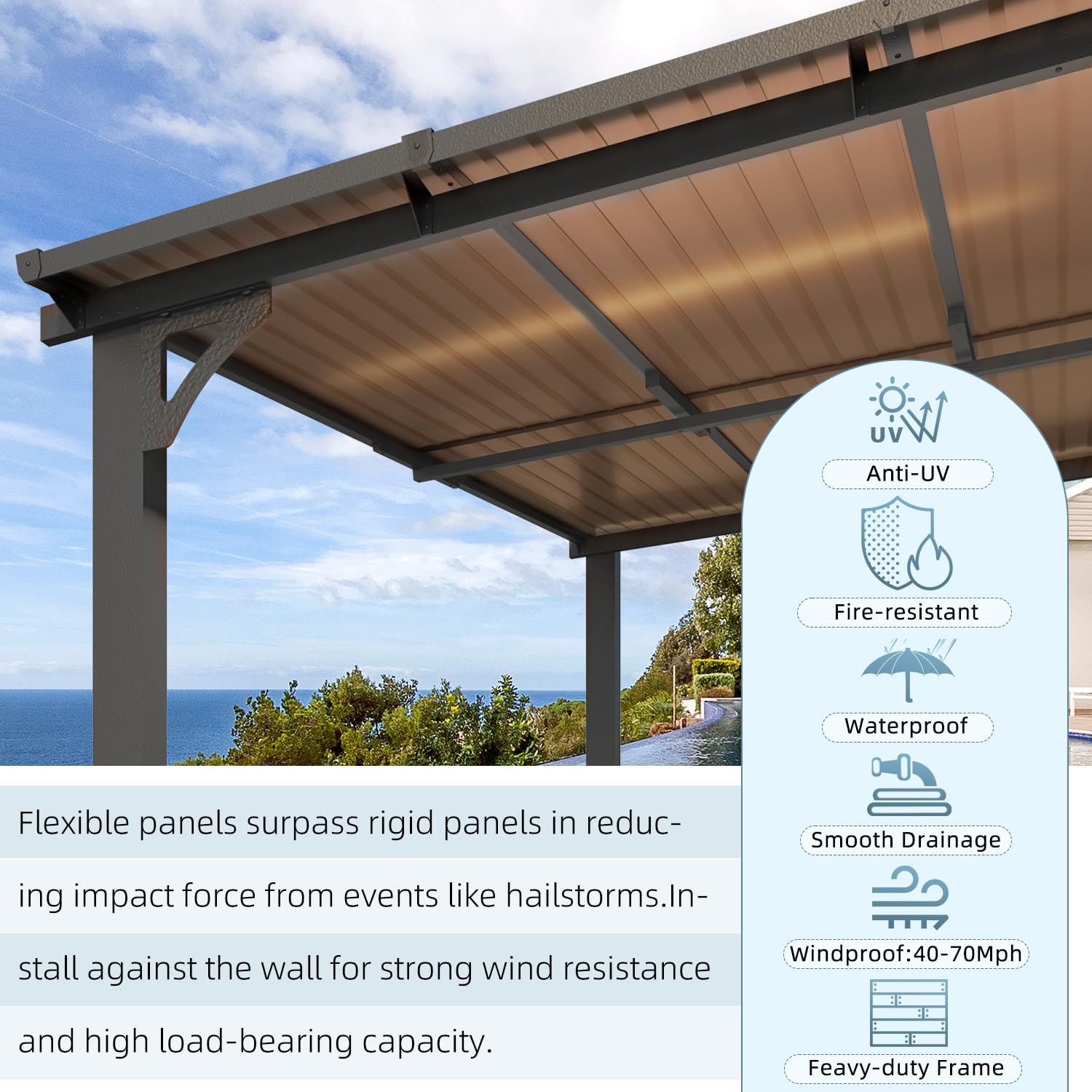 AECOJOY 10' x 8' Hardtop Wall-Mounted Gazebo Pergola with Roof - 80 Sq.Ft Shaded Outdoor Canopy for Patio, Deck, Backyard - Heavy Duty Weatherproof Lean-to Awning for Garden, BBQ, and Outdoor Relaxation