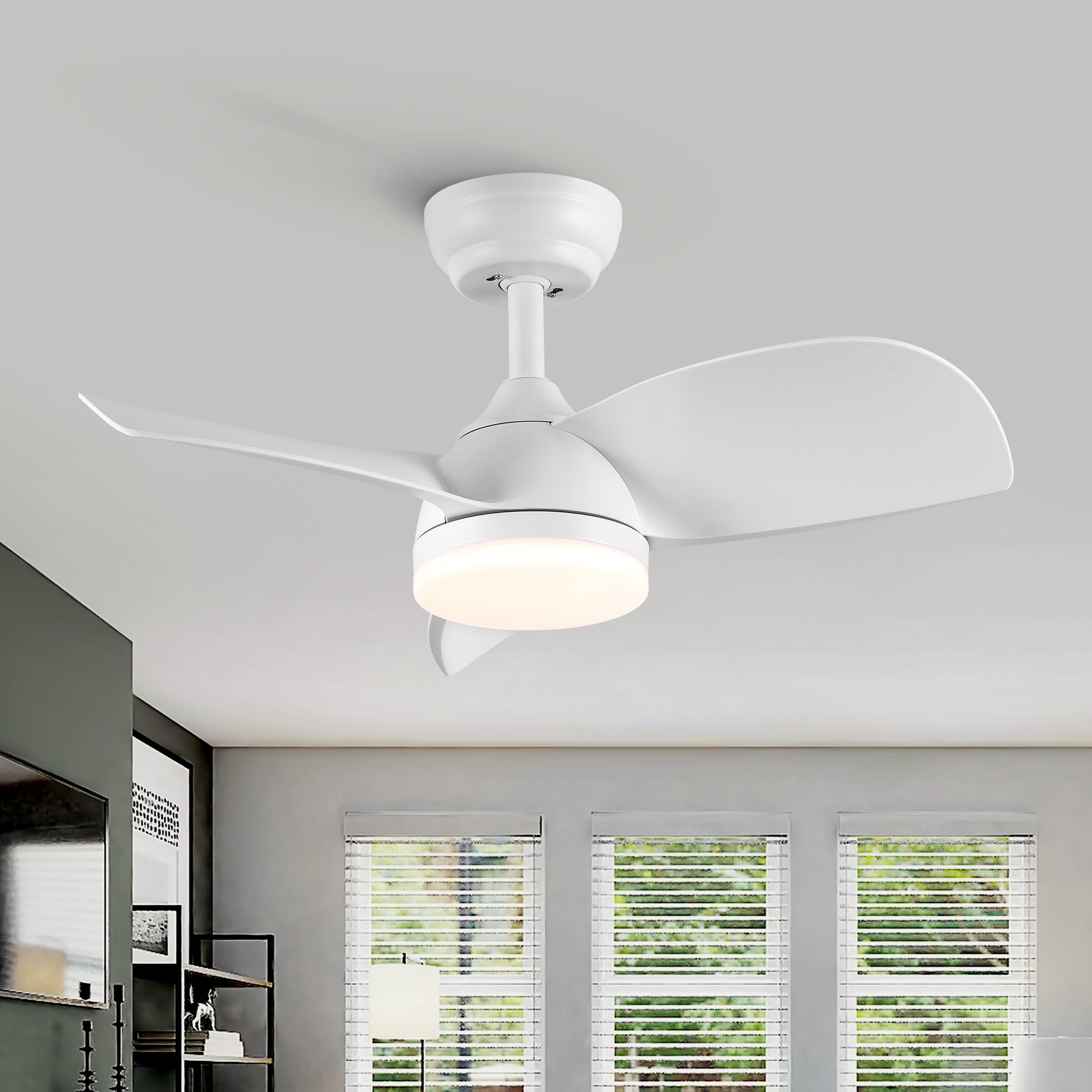 28 Inch Integrated LED Ceiling Fan with White ABS Blades - Energy Efficient Cooling & Lighting for Bedroom, Living Room, and Office Spaces