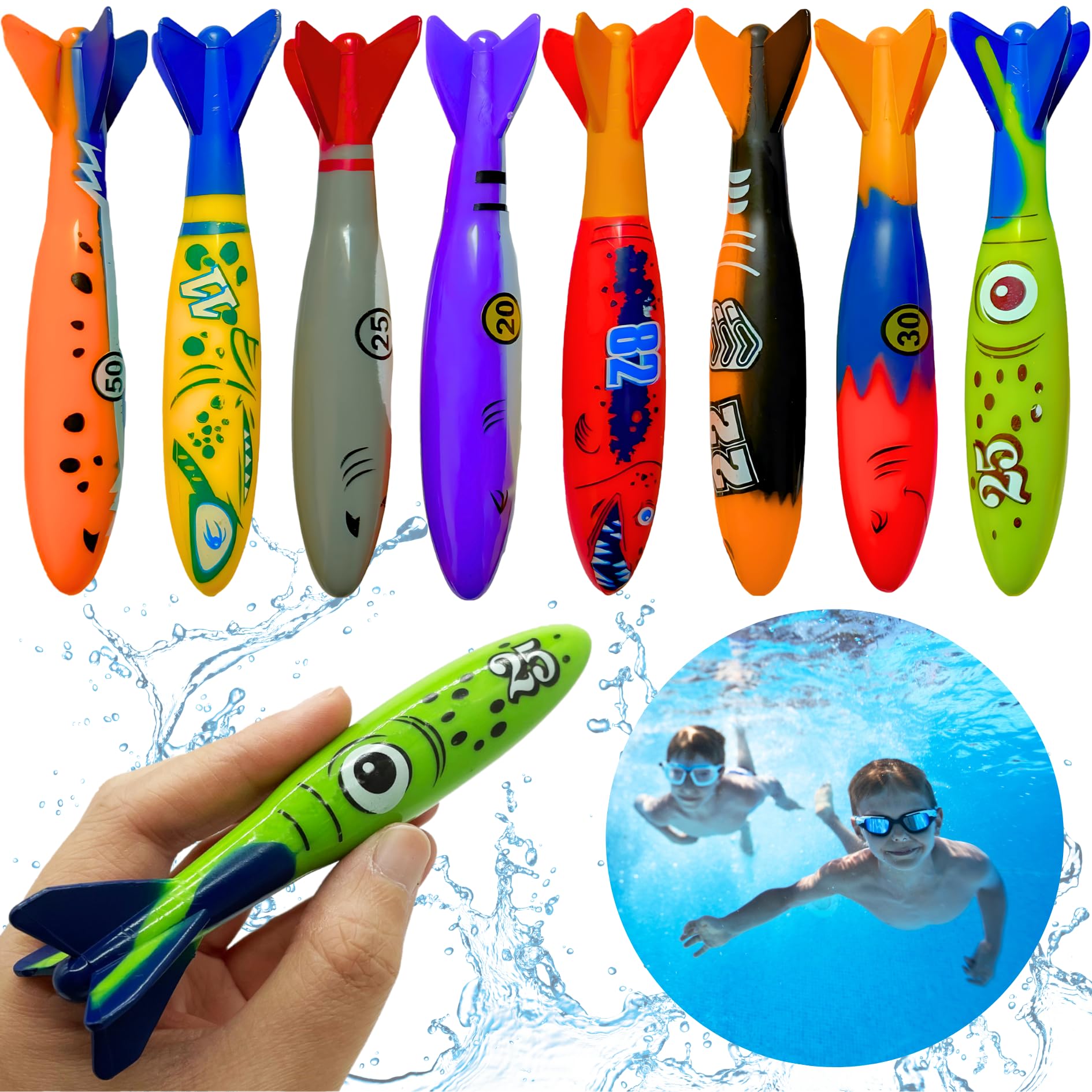 Haktoys 8-Pack Diving Torpedo Pool Toys – Underwater Gliding Swim Toys for Kids & Adults | Shark Torpedo Dive Toys for Swimming Training, Pool Games & Summer Fun – Perfect for Backyard Pools, Beach Trips & Water Sports Activities