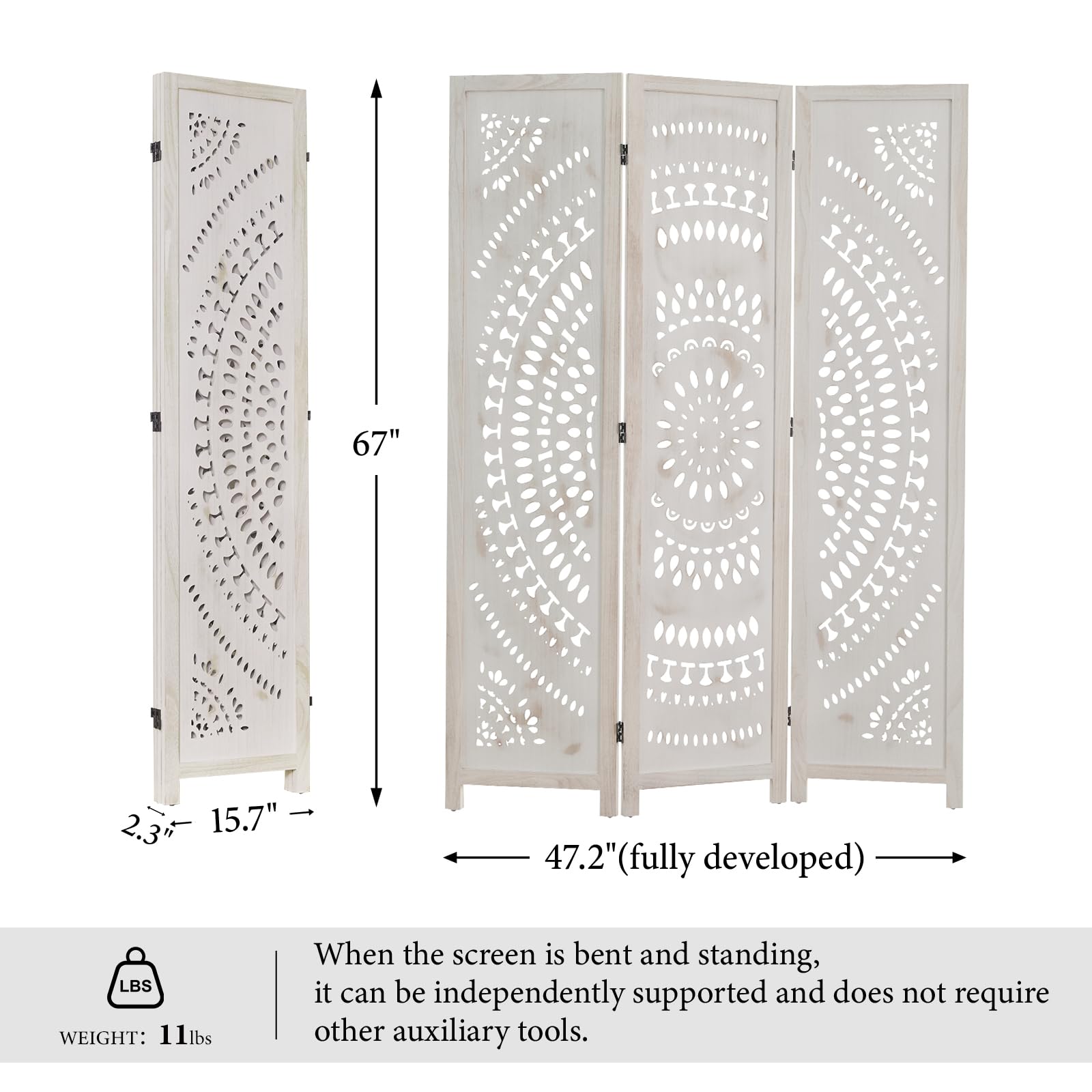 Handcrafted Wooden Room Divider Screen - 3 Panel Folding Partition with Bohemian Carvings for Home, Office, Garden & Terrace (Antique White Finish) | Perfect for Creating Privacy Spaces, Room Separation & Decorative Accents