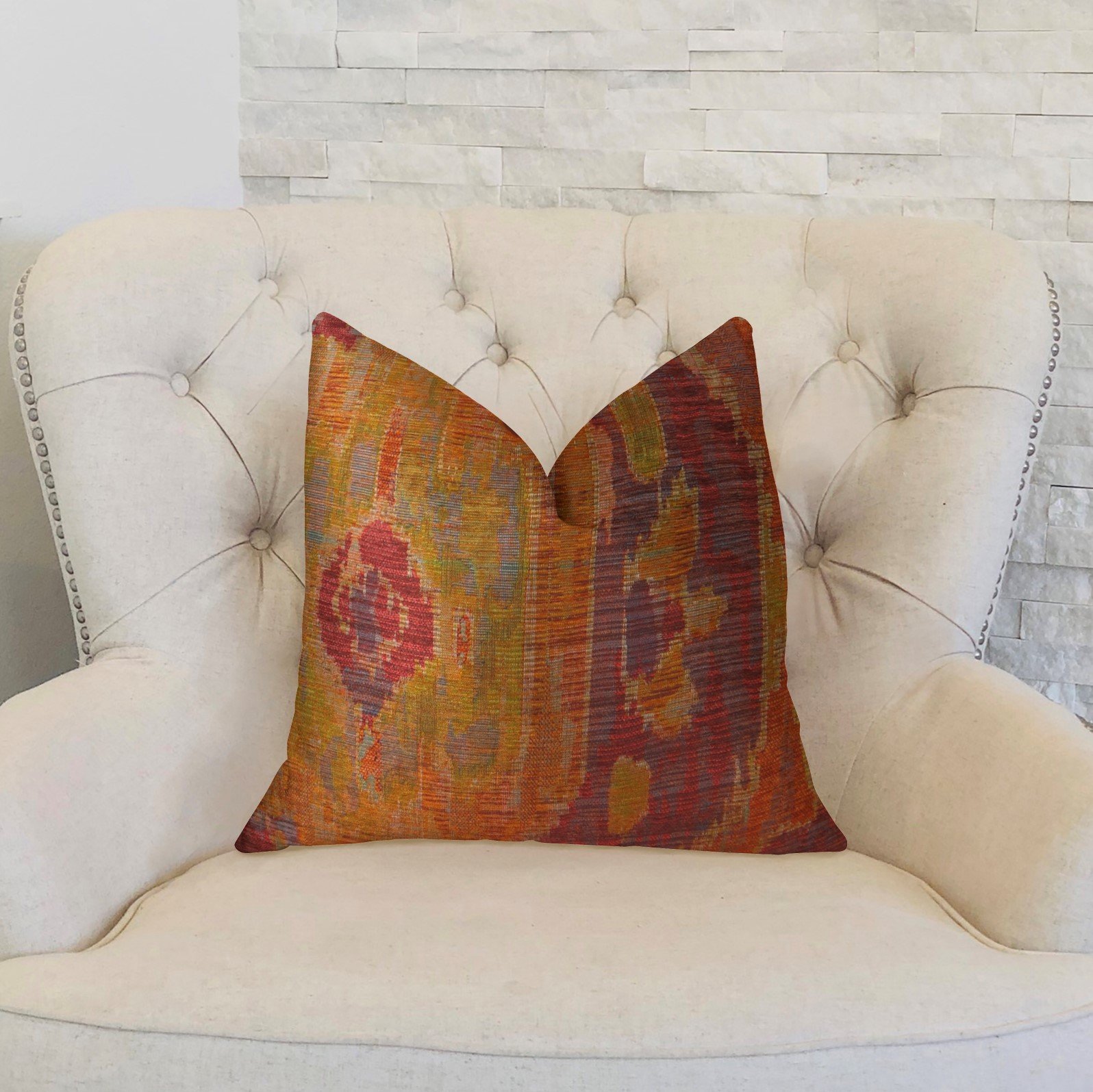 Plutus Bear Canyon Ikat Handmade Throw Pillow 20x36 Inches - Bohemian King Size Decorative Cushion Cover in Magenta Coral Blue - Perfect for Sofa, Bedroom & Living Room Decor