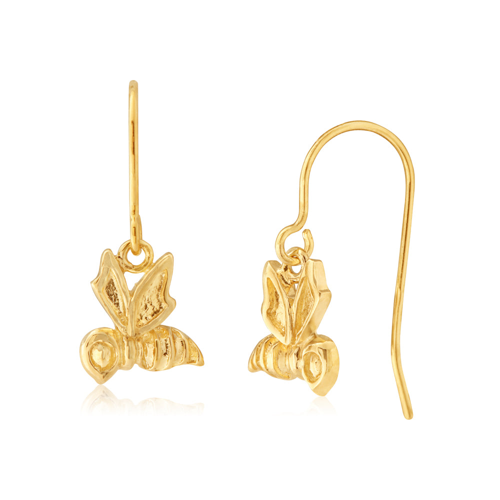 9ct Gold Honeybee Drop Earrings - Dainty Bee Jewelry for Women, Elegant Handmade Earrings for Everyday Wear - Perfect for Spring, Summer, Garden Parties & Boho Fashion