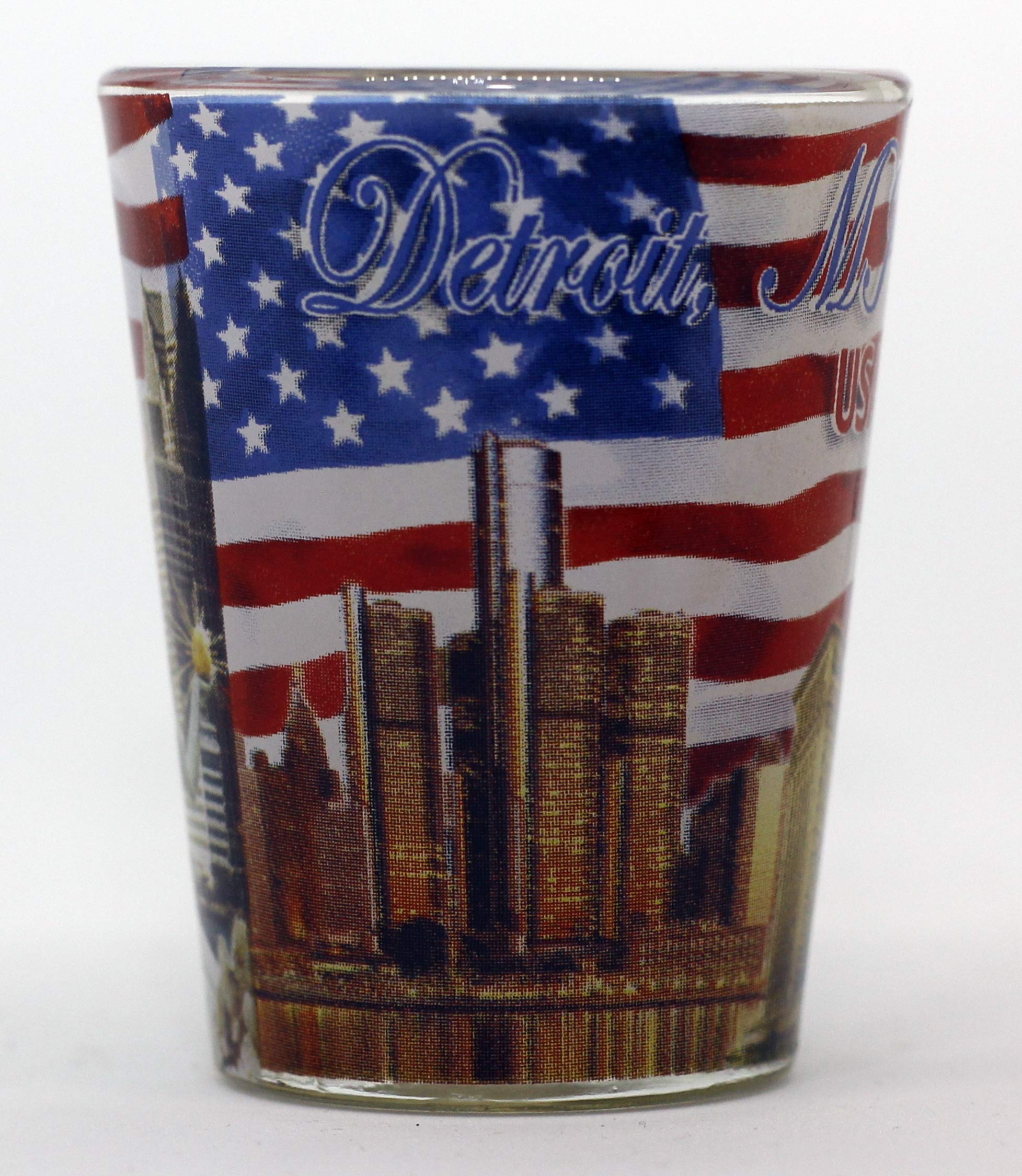 Detroit Michigan USA Flag Monuments Collage Shot Glass - Patriotic Souvenir & Collectible for Home Bar, Parties, and American Pride Gifts