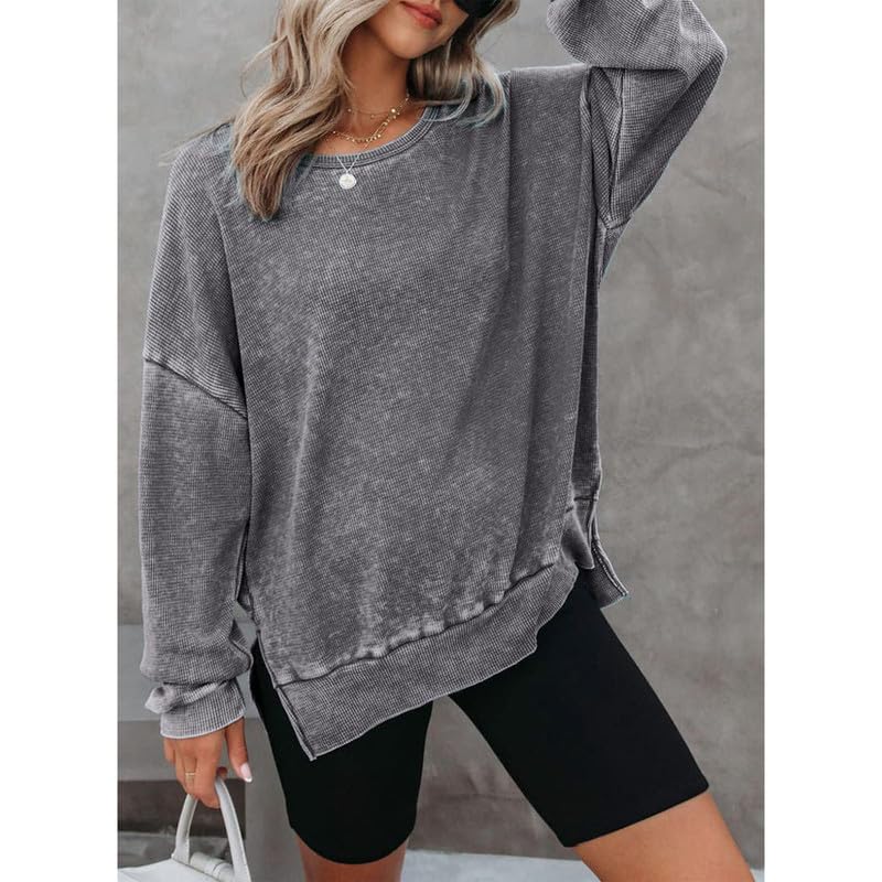 Oversized Waffle Knit Sweatshirt for Women - Split Hem Long Sleeve Crewneck Pullover | Casual Loose Fit Tops for Fall & Winter | Perfect for Coffee Dates, Weekend Outings & Cozy Layering