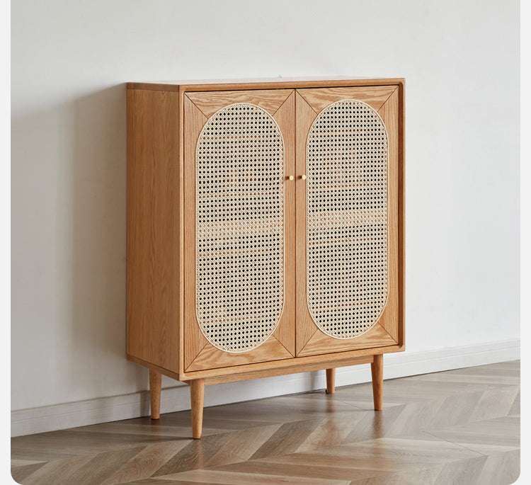 Oak Solid Wood Rattan Shoe Cabinet - Rustic Entryway Storage Organizer for Shoes, Boots & Accessories | Perfect for Hallway, Mudroom & Closet Organization