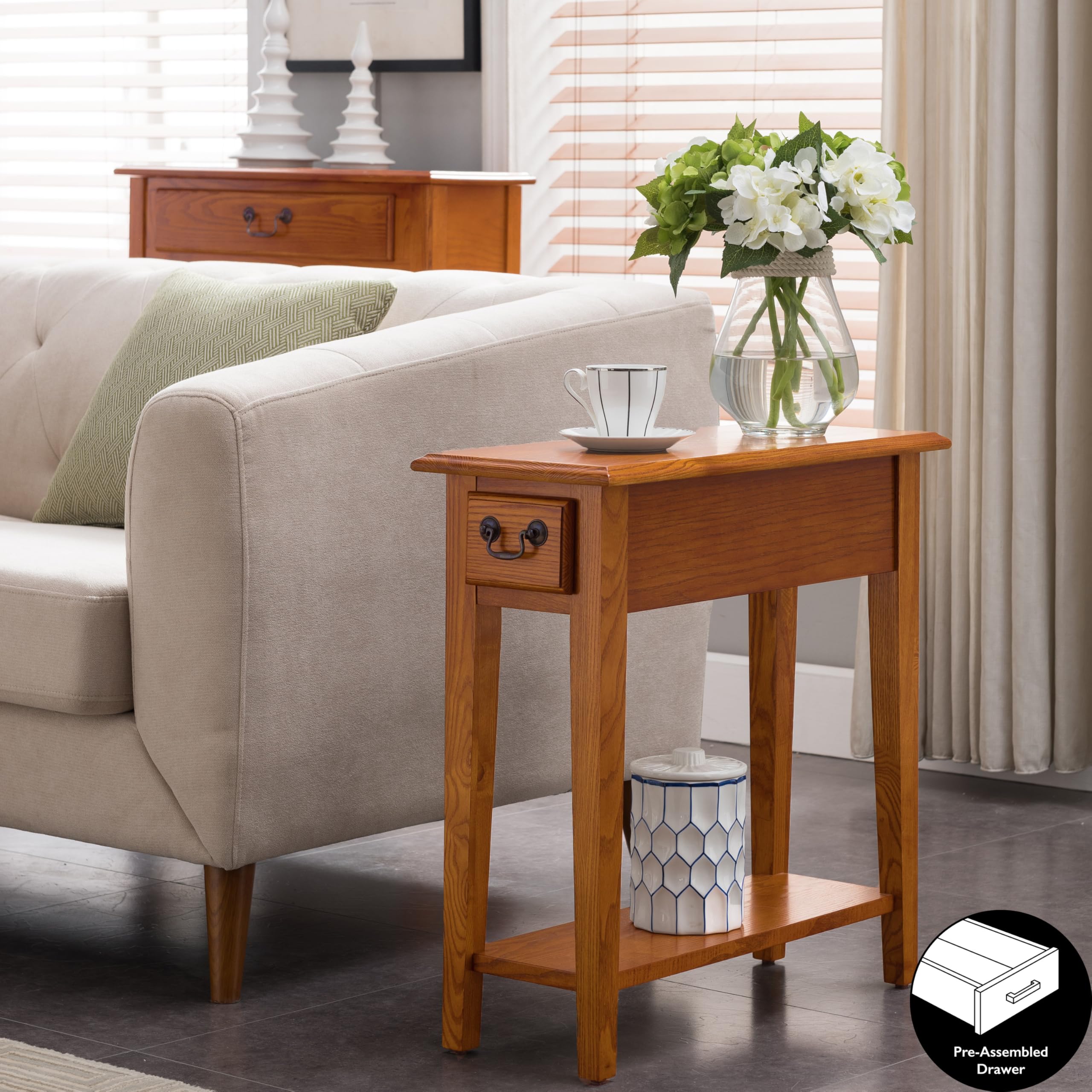 Leick Home 9017-MED Medium Oak Narrow Side Table with Drawer and Shelf - Perfect for Small Spaces, Bedroom Nightstand, Living Room End Table, or Entryway Console