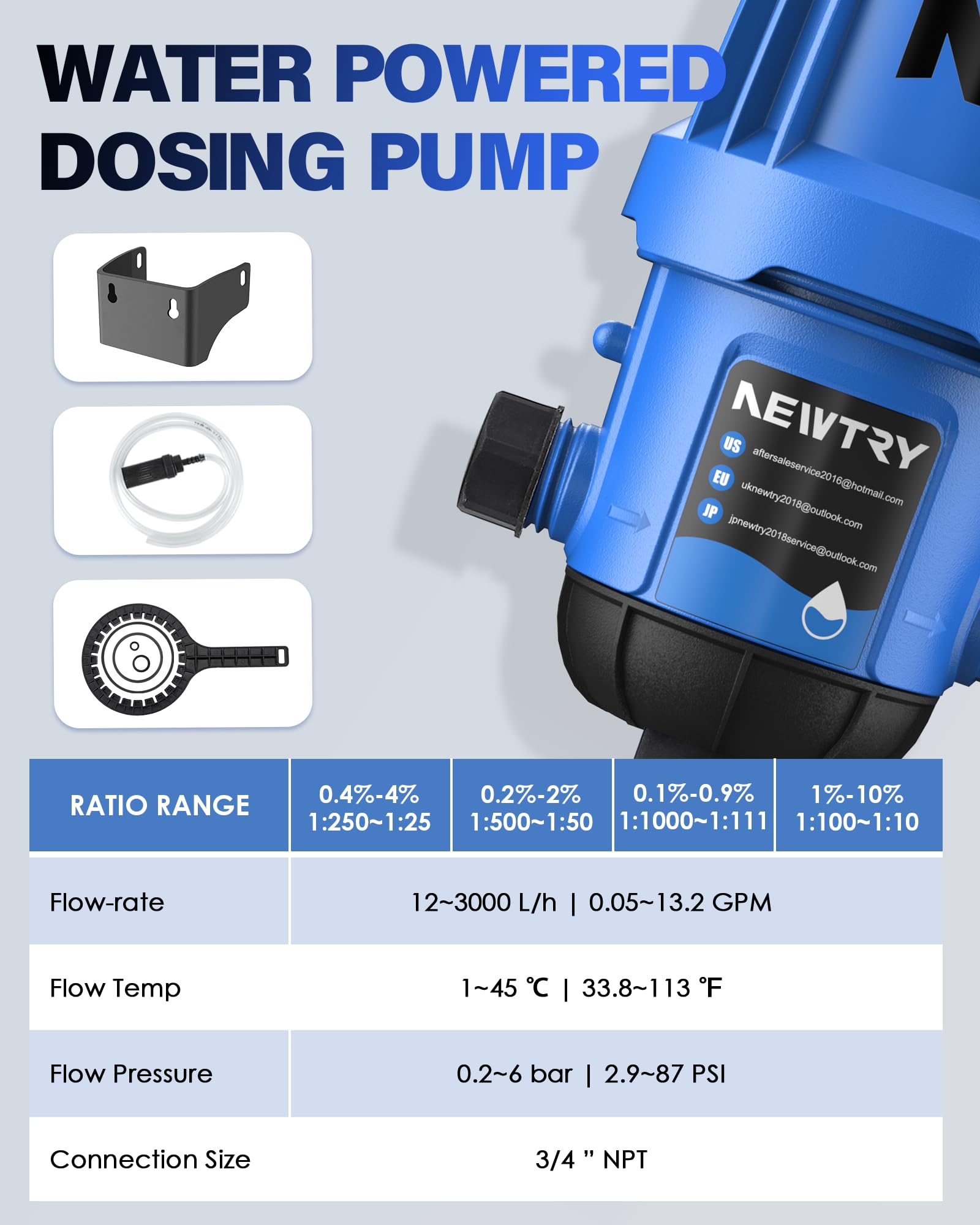 NEWTRY 0.4%-4% Adjustable Fertilizer Injector for Drip Irrigation System | 3/4'' NPT Water Powered Liquid Dosing Pump | Perfect for Garden, Greenhouse, Hydroponics, Farm & Grow Tent | Boost Plant Growth with Precise Nutrient Delivery