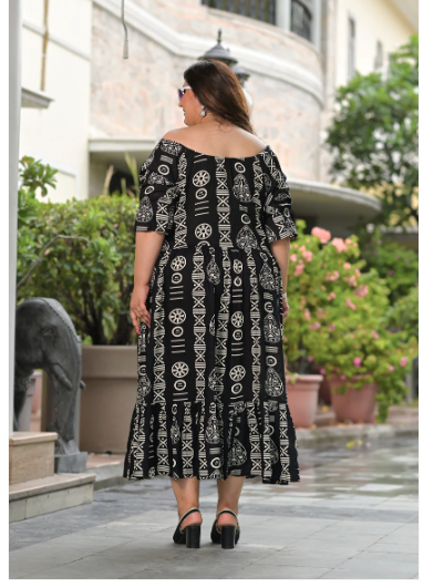 Plus Size Black & White Cotton Printed Kurti Gown for Women - Comfortable Ethnic Dress for Casual Wear, Parties & Festive Occasions