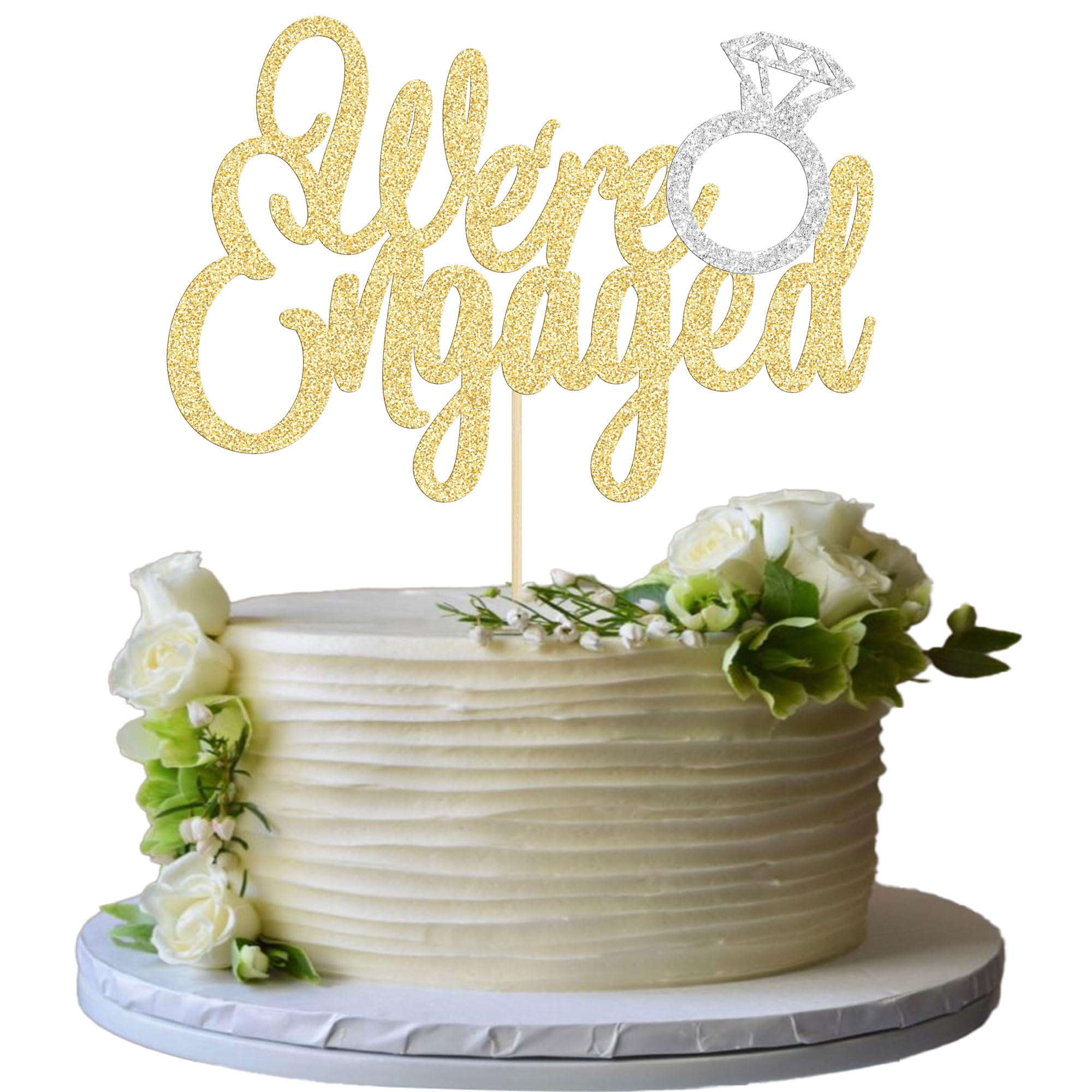 Gold 'We're Engaged' Cake Topper with Ring Glitter - Elegant Bridal Shower & Wedding Engagement Cake Decoration for Theme Parties - Perfect for Anniversary, Proposal, and Romantic Celebrations