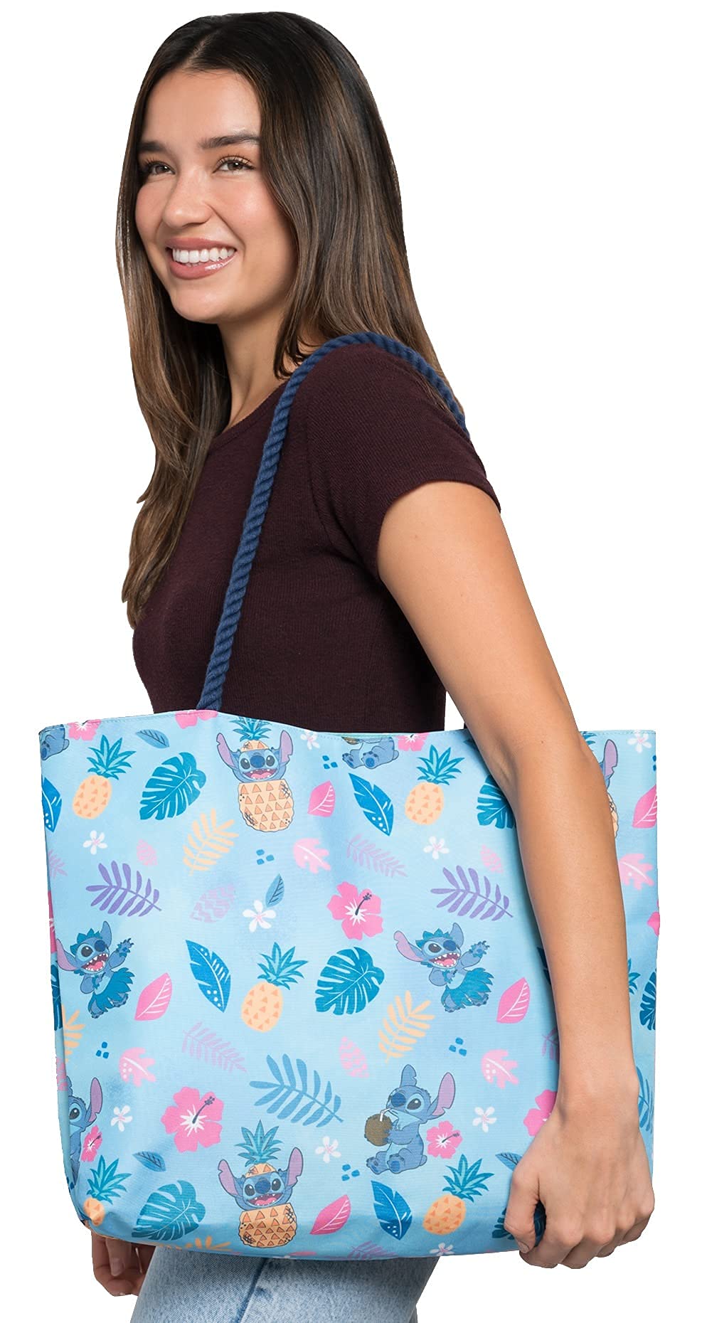 Disney Lilo & Stitch Tote Bag - Large Blue Hawaiian Print Water-Resistant Canvas Purse for Women | Perfect for Beach Vacations, Work, Travel & Daily Use
