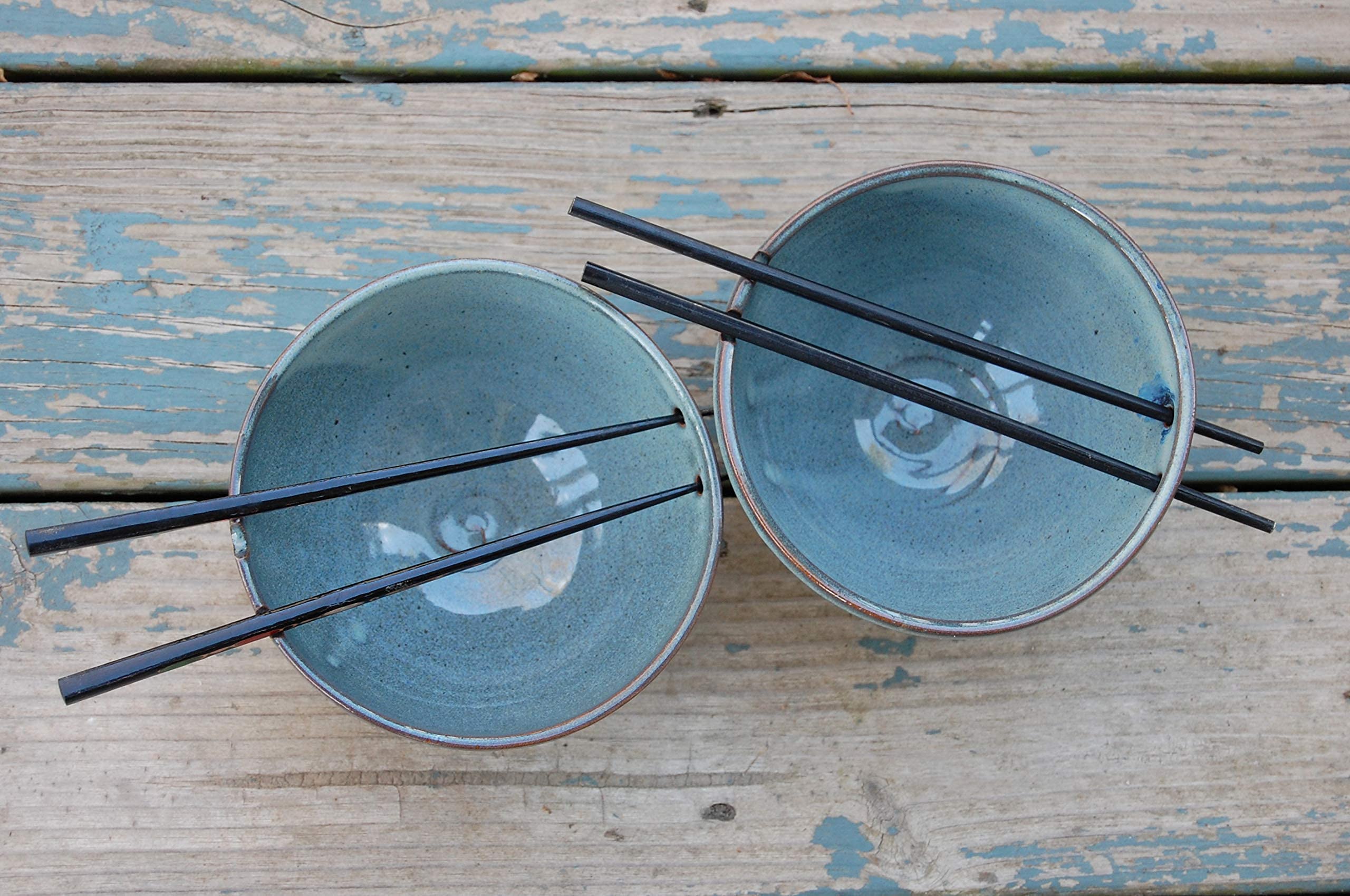 Handmade Slate Blue Ceramic Noodle Bowl - Artisan Ramen Bowl with Chopstick Holder - North Carolina Pottery for Asian Cuisine & Home Dining