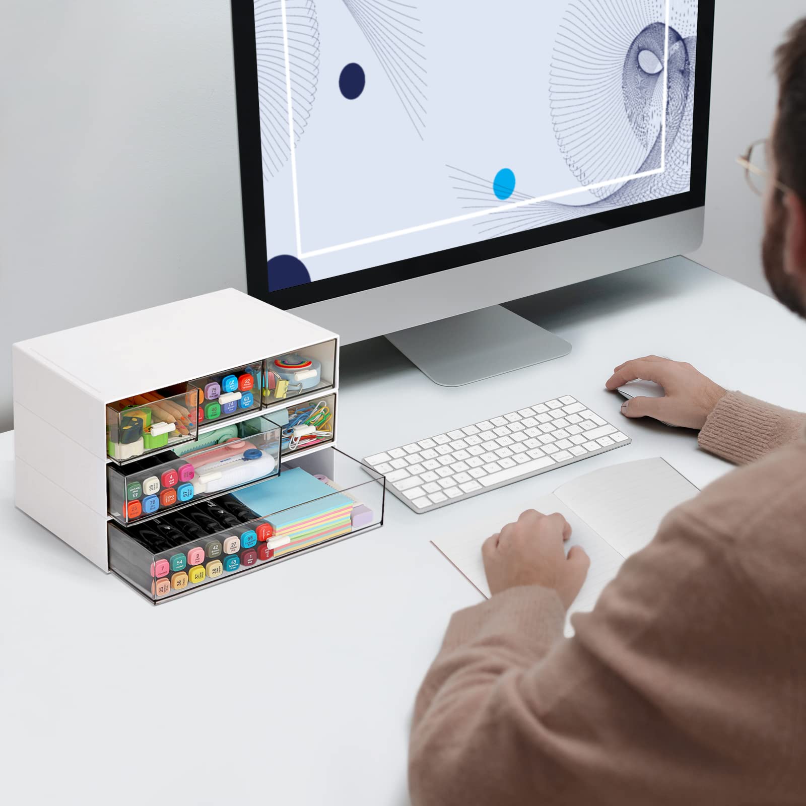 LETURE Stackable Desk Organizer - 2 Drawer Plastic Storage for Office, School & Home | Organize Pens, Pencils, Markers & Makeup Supplies | Perfect for Workspace, Study Desk & Vanity Organization (White)