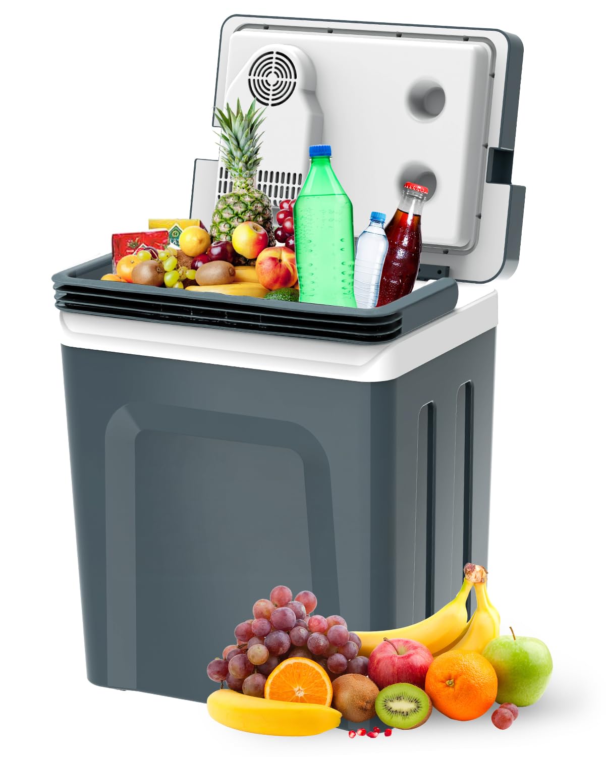 SubSun 32-Quart (30L) Portable Electric Cooler and Warmer - Dual Power 12V DC/110V AC Car Fridge for Camping, Travel, Picnics, Road Trips, Tailgating & Outdoor Adventures - Compact Grey Cooler with Handle