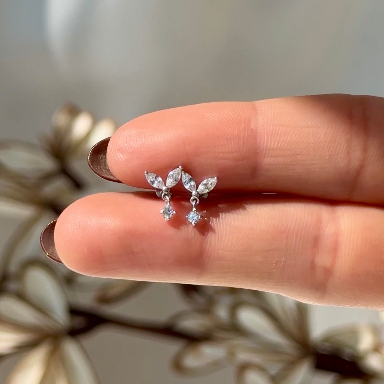 14K White Gold Double Marquise Gemstone Drop Earrings - Flat Back Studs for Women, Perfect for Weddings, Parties & Everyday Elegance