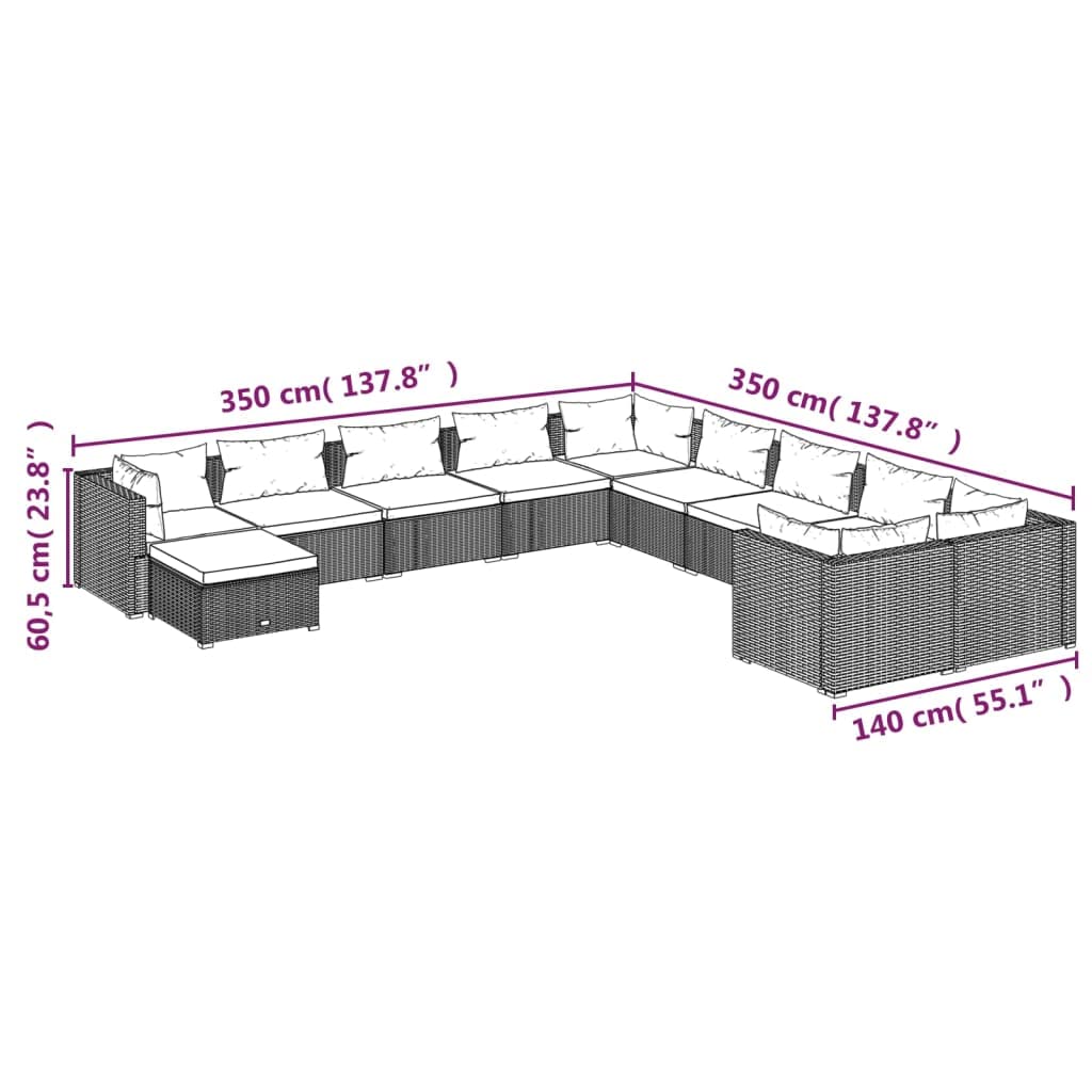 vidaXL 11-Piece Black Poly Rattan Patio Lounge Set with Sectional Sofas & Footrest - Weather-Resistant Outdoor Furniture with Comfortable Cushions for Poolside, Garden, or Backyard Relaxation