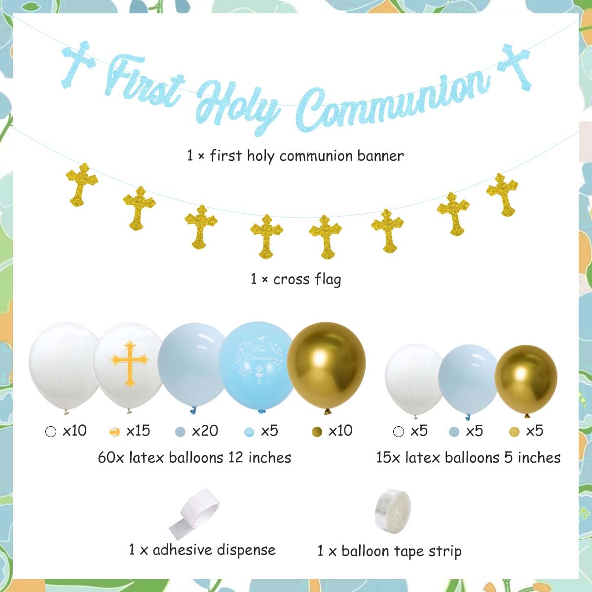 First Communion Party Decorations for Boys - White & Gold Blue Balloon Garland Kit with Cross Banner | Baptism & Holy Communion Supplies for Church Celebrations & Religious Events