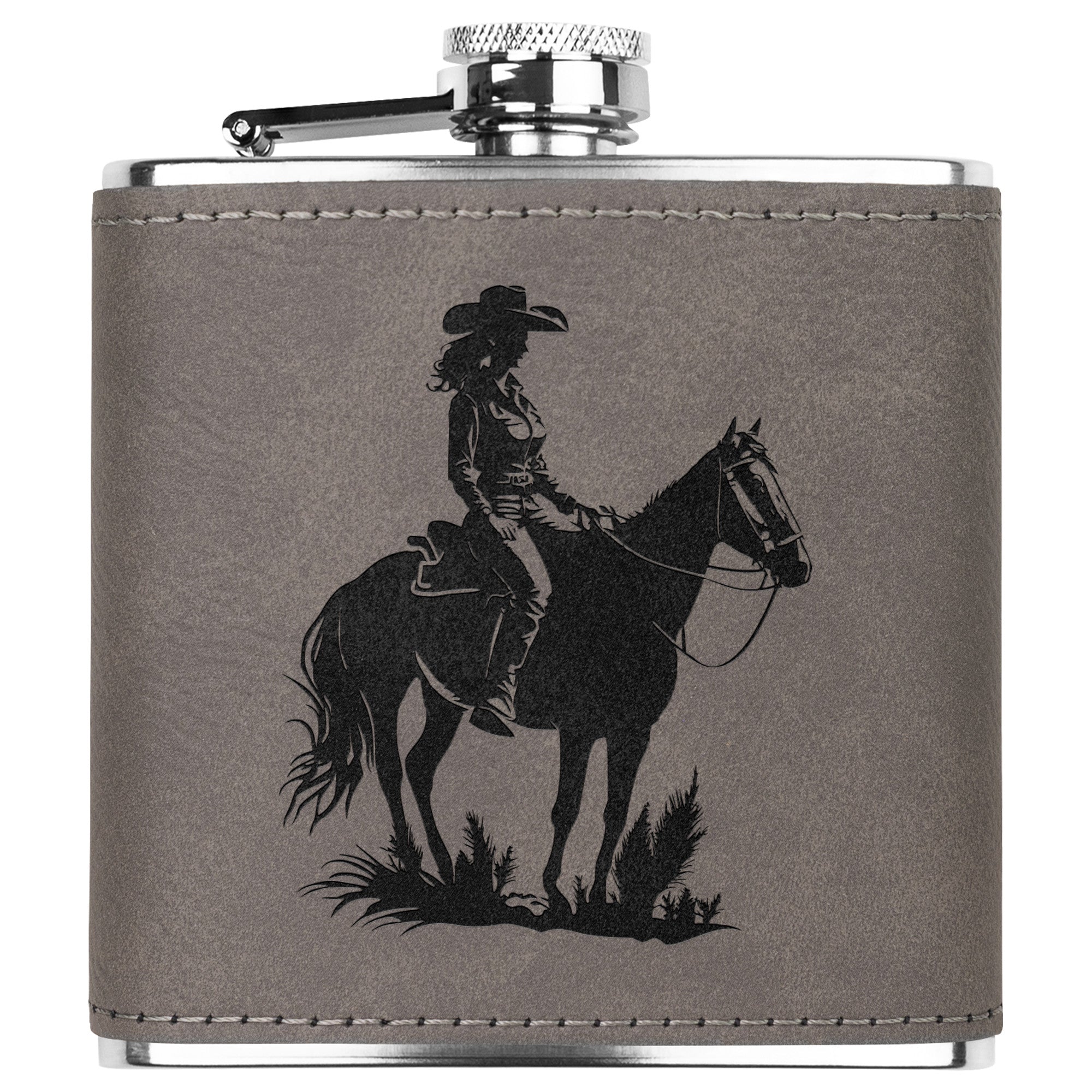Premium Leather Bound Metal Flask with Cowgirl on Horse Design - Perfect for Outdoor Adventures, Camping, and Western Themed Parties
