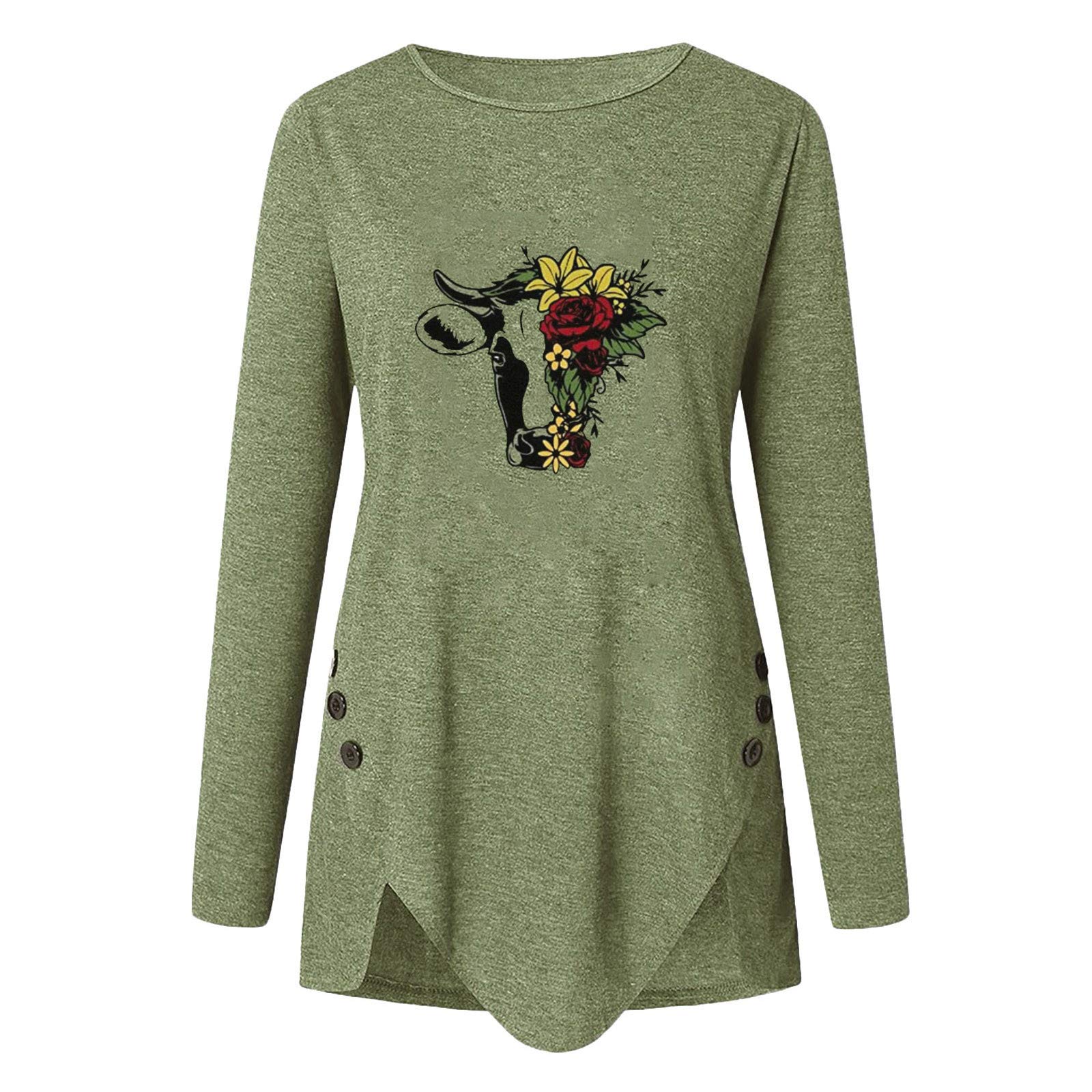 NEARTIME Women's Long Sleeve Hoodie Pullover - Funny Cow Print Loose Fit Casual Top with Irregular Button Hem | Perfect for Everyday Wear, Lounge, and Outdoor Activities