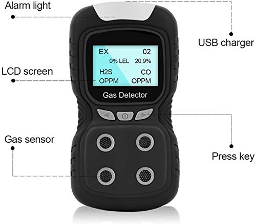Portable 4-Gas Detector for EX/H2S/CO/O2 - Rechargeable Multi-Gas Monitor with LCD Display, Sound, Light & Vibration Alarms - Durable Gas Analyzer for Industrial Safety, Confined Space & Workplace Monitoring
