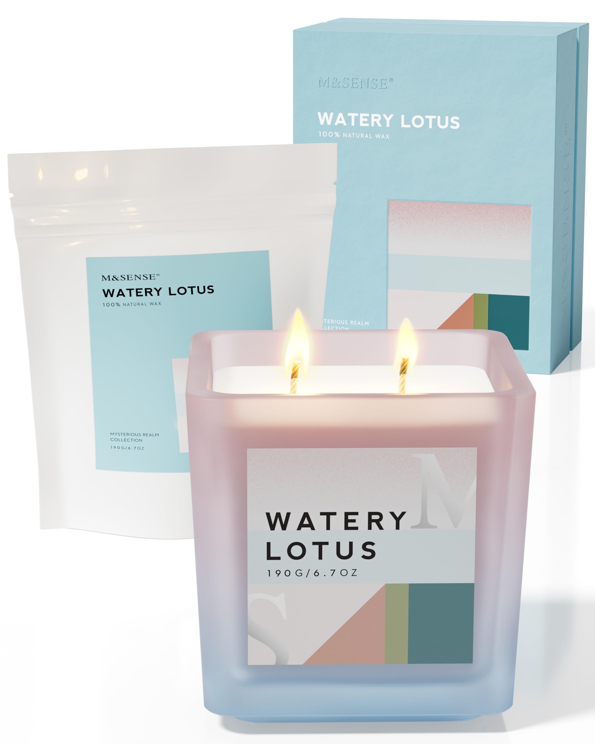 M&SENSE Water Lily Pear Scented Soy Candle Set with Refills - 14.3oz Aromatherapy Jar Candles, 80H Burn Time - Relaxing Fragrance for Stress Relief, Meditation, Spa, Yoga, Bath & Home Decor Gift