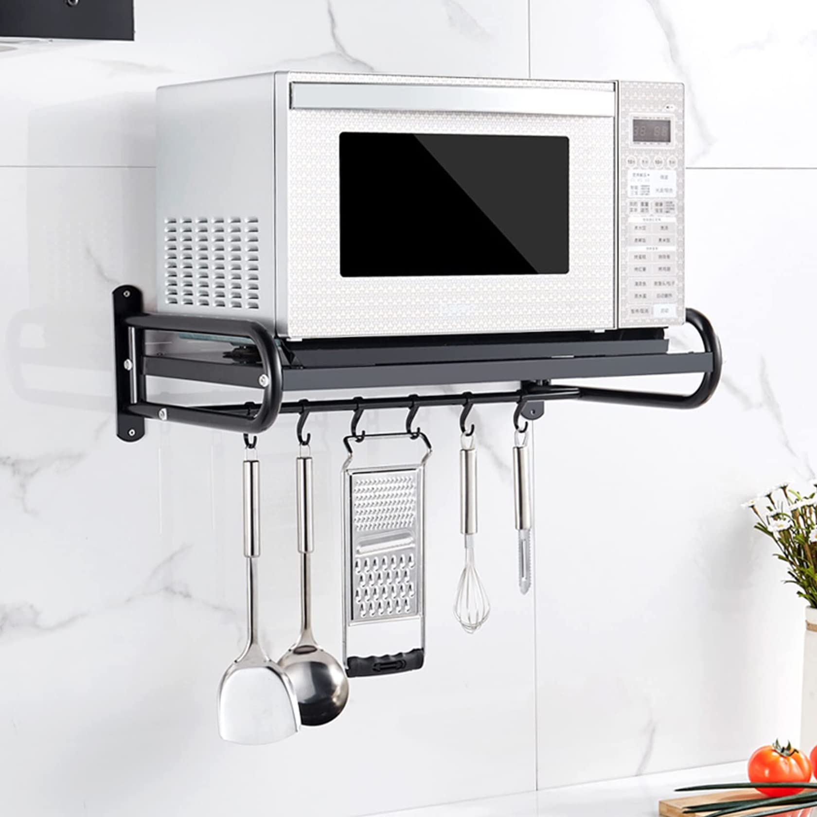 TAINANLE Heavy Duty Metal Shelf Rack - Wall Mount Oven Holder & Toaster Stand with 6 Hooks - Carbon Steel Kitchen Organizer for Microwave, Electric Oven & Small Appliances
