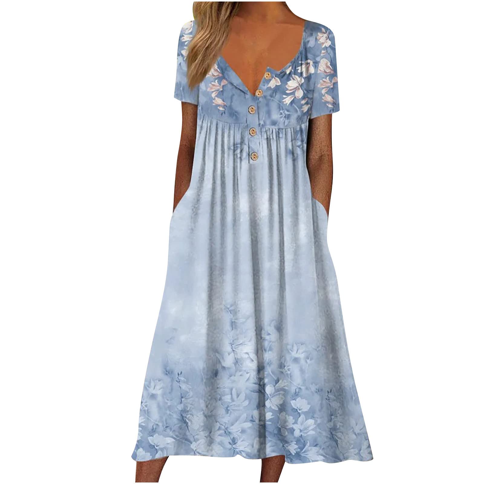 Stylish Summer Floral Print V-Neck Short Sleeve Mini Dress with Pockets for Women - Casual Vacation Outfit, Plus Size Available | Perfect for Beach Trips, Date Nights & Summer Parties
