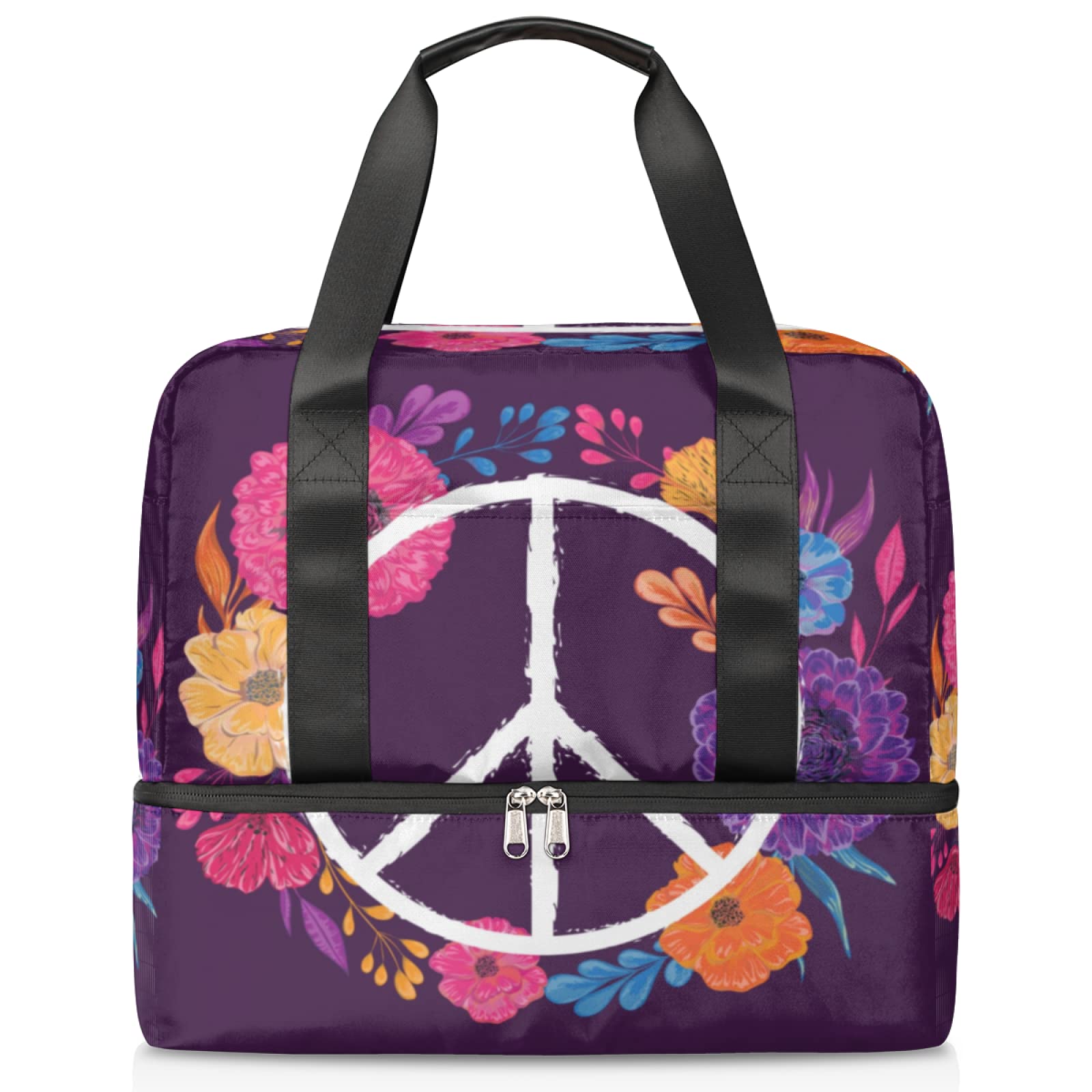 Waterproof Travel Duffel Bag with Wet Pocket & Shoe Compartment - Large Gym Bag for Sports, Overnight Trips & Weekender Use - Unisex Peace Sign Flower Design for Men & Women