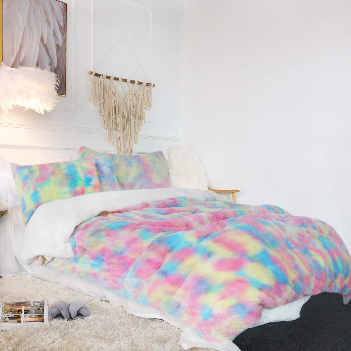 Luxury Fluffy Faux Fur Comforter Cover Queen Size Set - Soft Shaggy Tie Dye Duvet Cover with Velvet Fleece, Rainbow Unicorn Design for Adults & Teens - Perfect for Cozy Bedroom Decor, Winter Warmth & Gift Giving (Pink Aqua Blue)