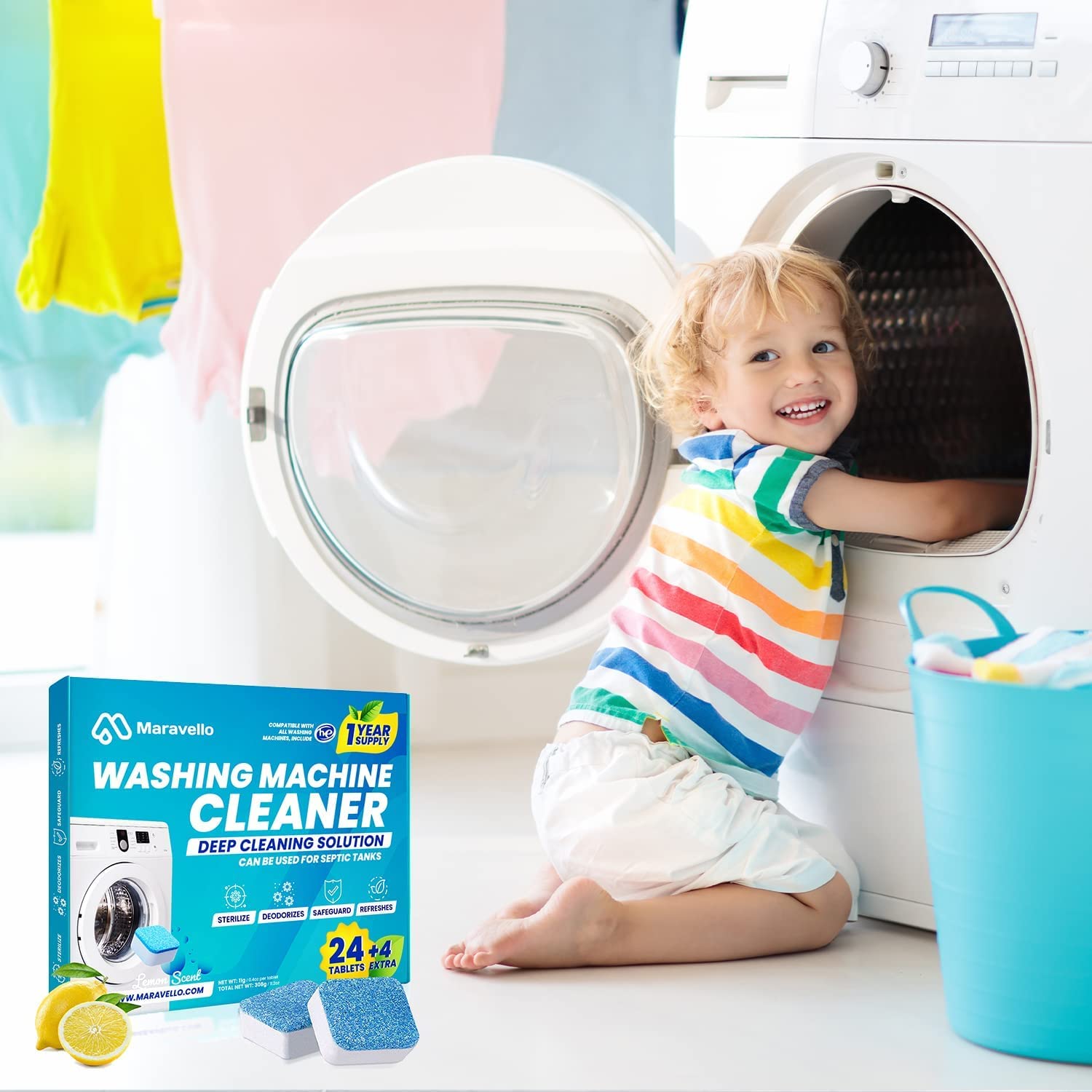 Maravello Washing Machine Cleaner & Descaler - Lemon Scent (28 Count) | Removes Odor, Limescale & Buildup | For Top & Front Load Washers - Keep Your Laundry Fresh & Clean
