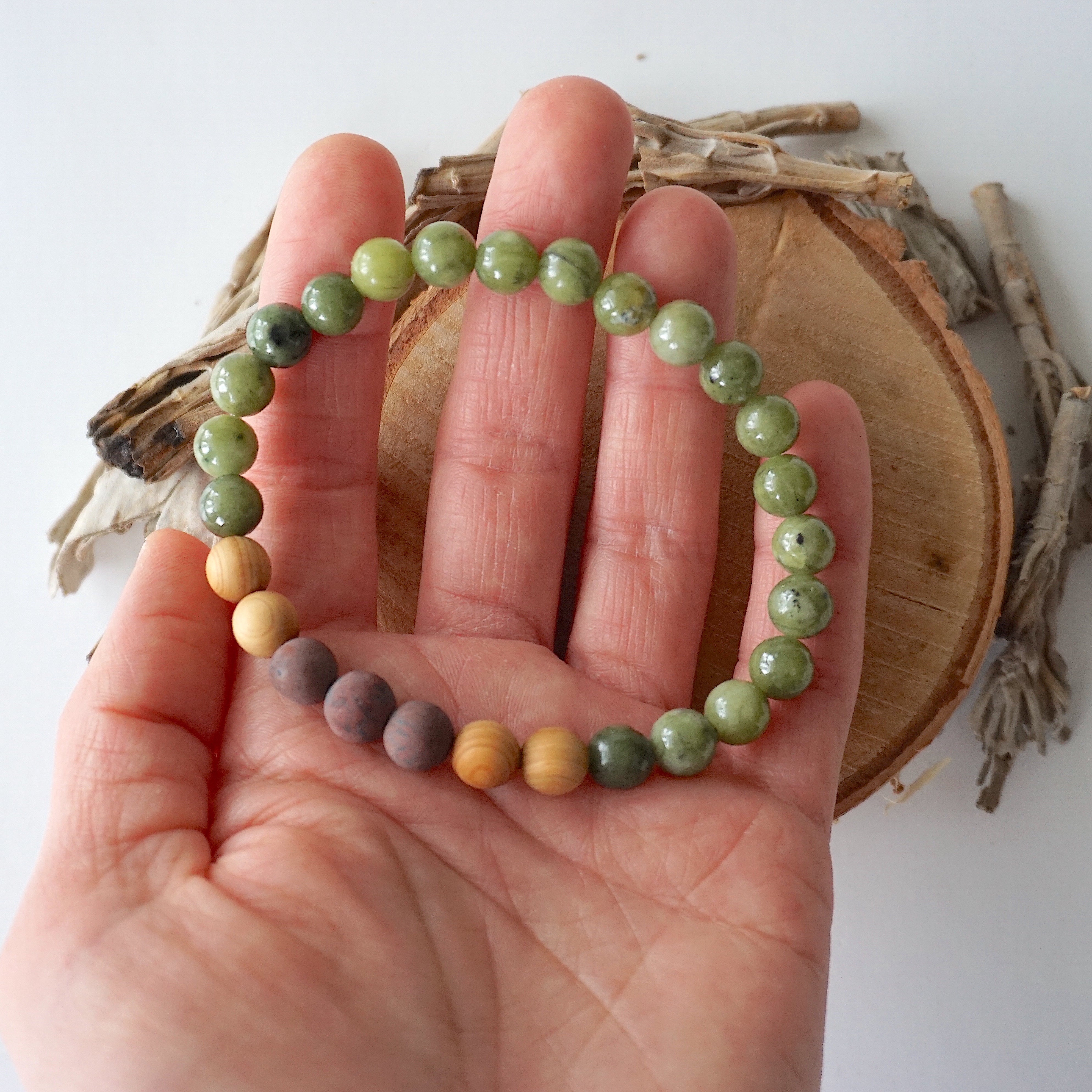 Jade Healing Crystal Mala Bracelet with Mahogany Obsidian & Cedar Wood - Meditation, Yoga & Spiritual Wellness Accessory
